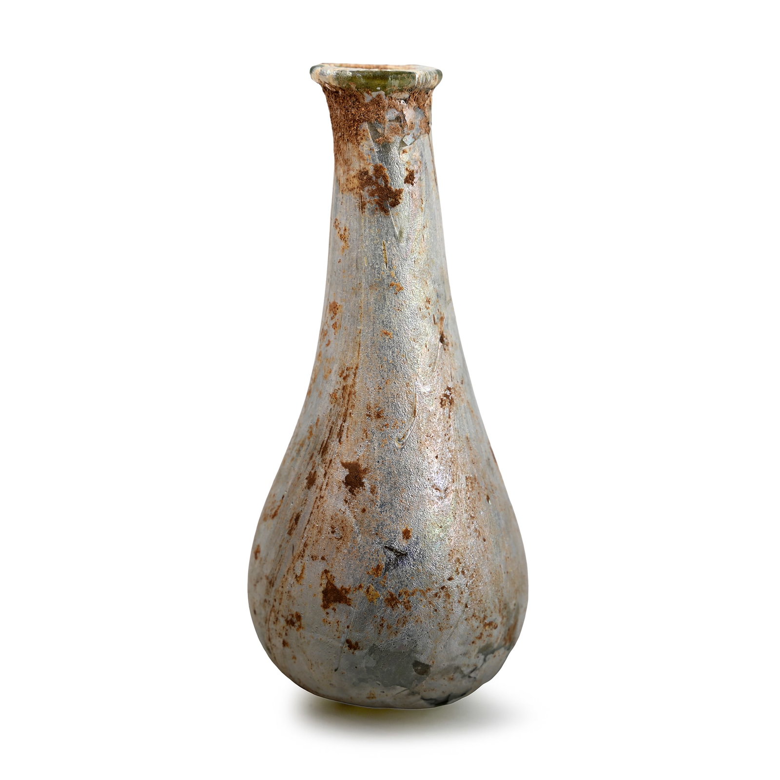 Roman Iridescent Glass Vessel: 1st-4th century A.D. Comprising a piriform body with everted folded rim to the mouth and iridescent surface. 17.4 grams, 91 mm (3 5/8 in.). Ex London, UK, art market 1990s. TimeLine Auctions follows a