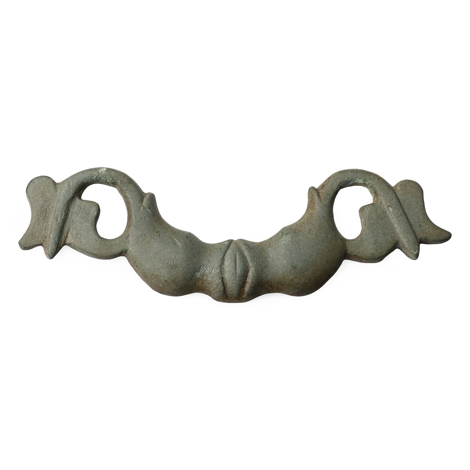 Roman Double Dolphin Handle: Circa 2nd century A.D. Formed as two opposed dolphins with s-curved bodies terminating in vine leaves, vesica held between their open mouths; plano-convex in section with openwork. Cf. Appels, A. & La