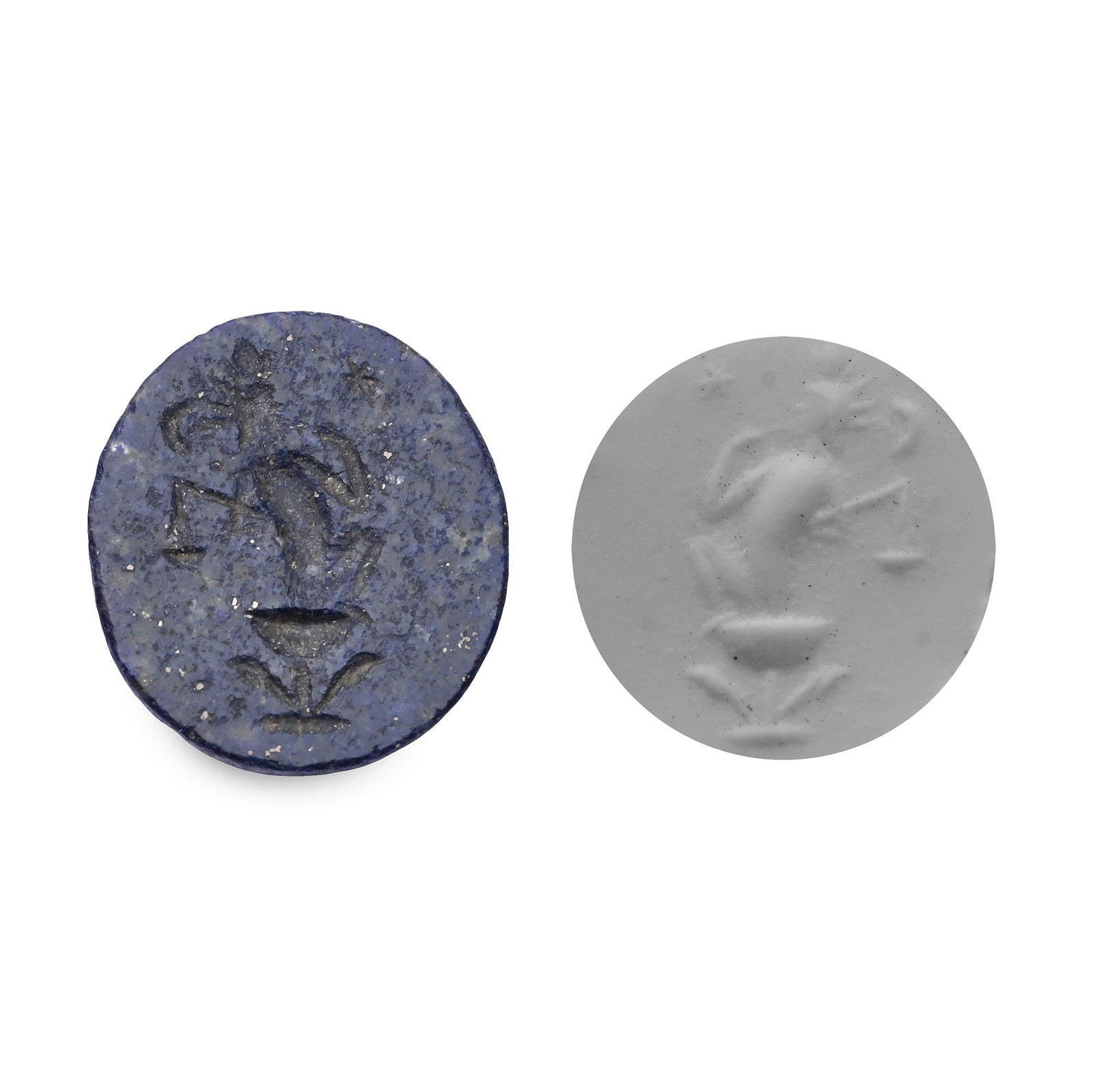 Roman Lapis Lazuli Gemstone with Putto: 2nd-3rd century A.D. With intaglio putto sitting on a chalice, objects in the field; supplied with a museum-quality impression. 1.07 grams. 14.07 mm (1/2 in.). [No Reserve] From the private collection