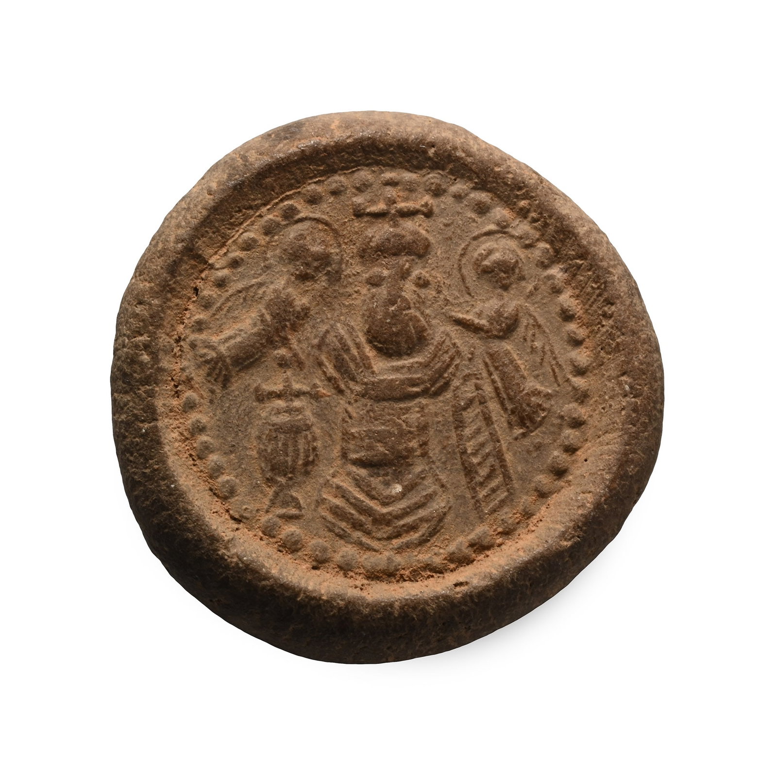 Christian St Simeon Stylites the Younger with Vessels Terracotta Pilgrim's Token: 6th-8th century A.D. Plano-convex in profile with a low-relief image of a nimbate figure flanked by worshippers, holding an orb and cross. 5.43 grams, 24 mm (1 in.). Ex important Christian collection,
