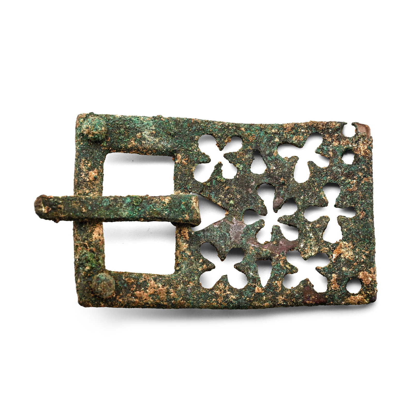 Byzantine Bronze Buckle and Openwork Plate: 7th-8th century A.D. Comprising integral plate and loop, with articulated flat tongue; openwork design of lobed crosses around a cinquefoil; rivet to each corner (two absent). See Wamser L. and Zahlha