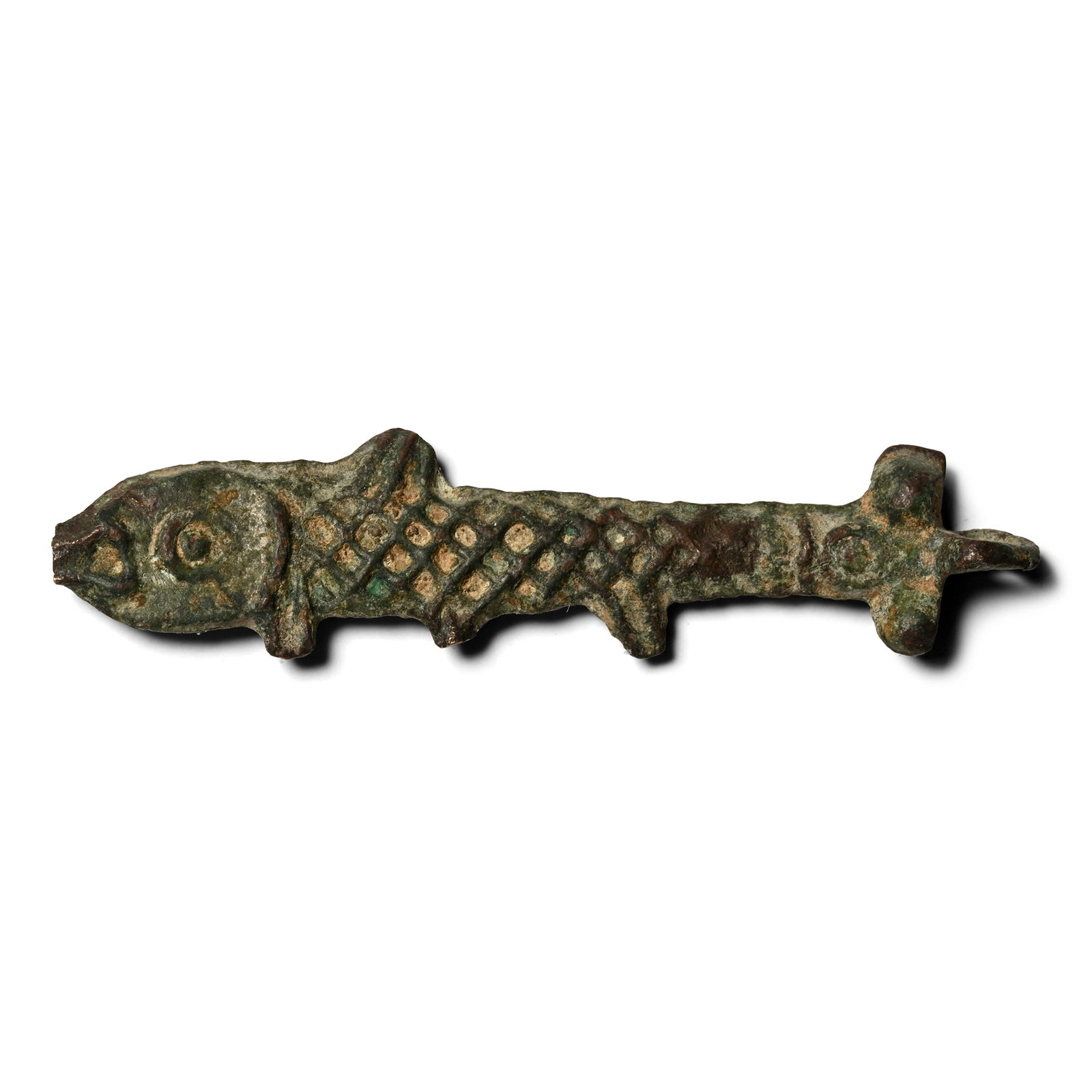 Byzantine Bronze Fish Pendant: 6th-10th century A.D. Bifacial pendant with crosshatching on the body, large ring-and-dot eyes and small raised fins, integral suspension loop above. 6.11 grams, 52 mm (2 in.). [No Reserve] Ex German 