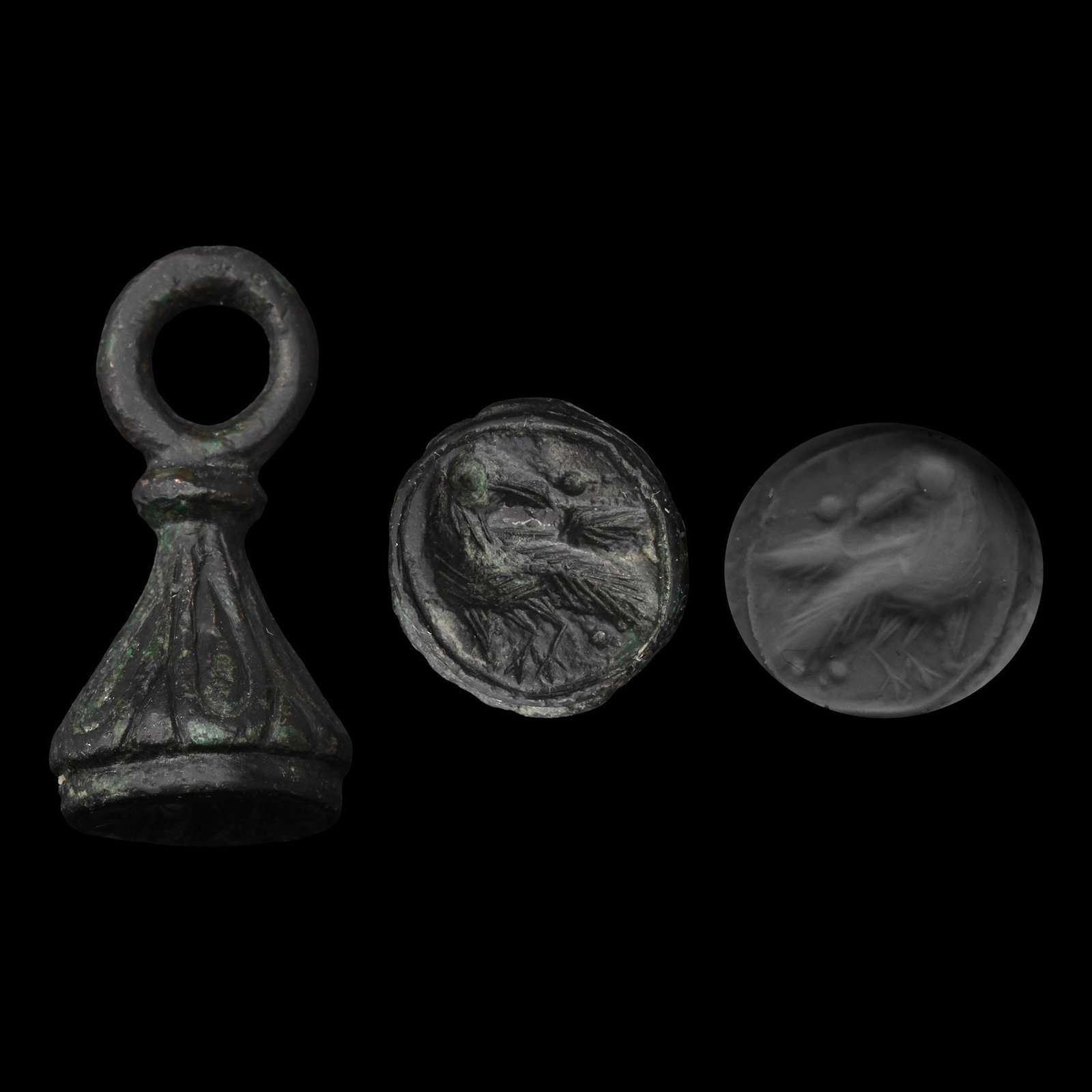 Byzantine Bronze Seal Matrix with Bird: 6th-10th century A.D. Conical matrix with loop and radiating petals, underside with a standing bird facing back. 10.8 grams, 27 mm (1 in.). Ex German art market, 2000s. Acquired from an EU collector l