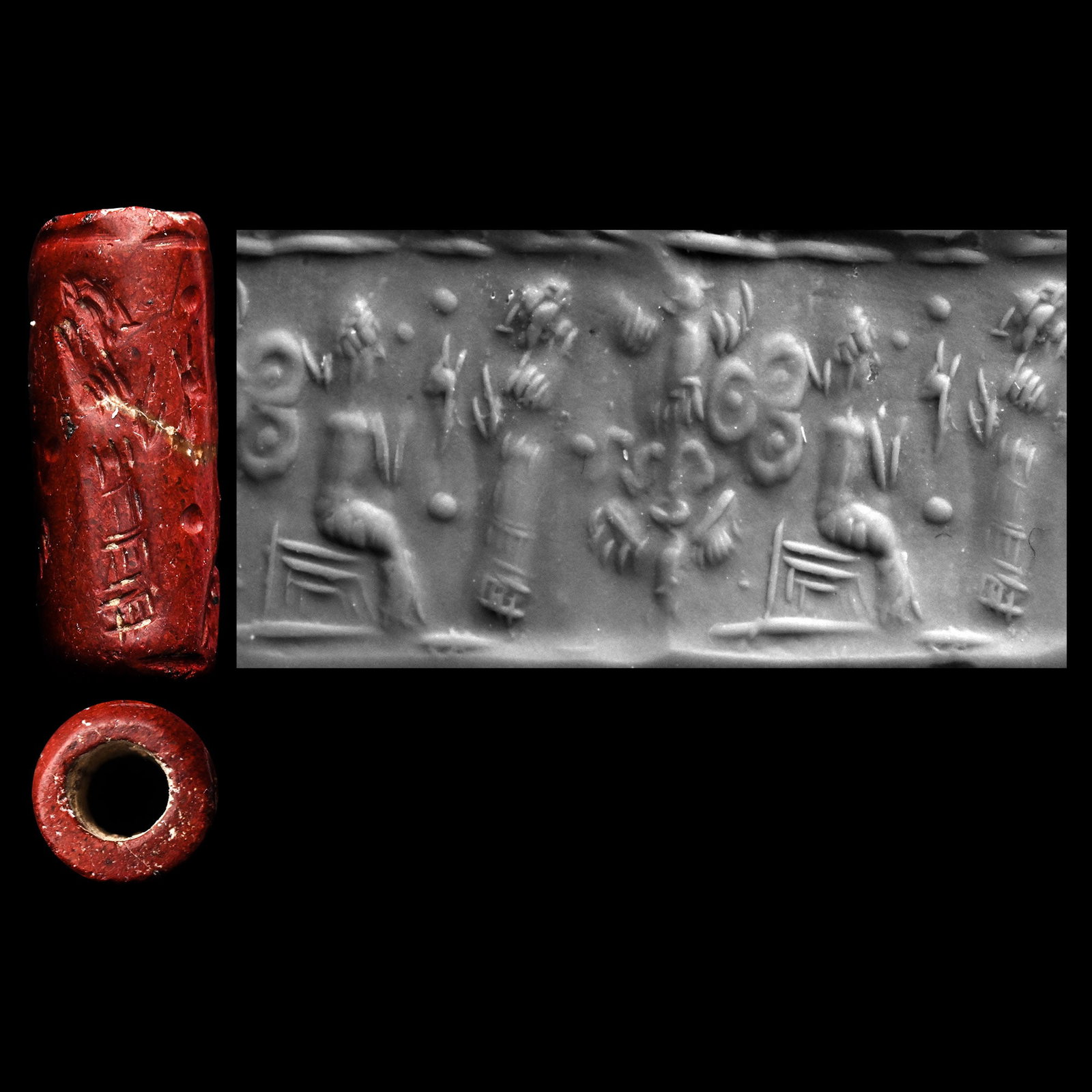 Western Asiatic Red Jasper Cylinder Seal with Court Scene: 2nd-1st millennium B.C. Frieze depicting a court scene with a seated figure in profile with one hand raised towards a standing figure wearing a floor-length robe, to the rear a bird with wings spread 