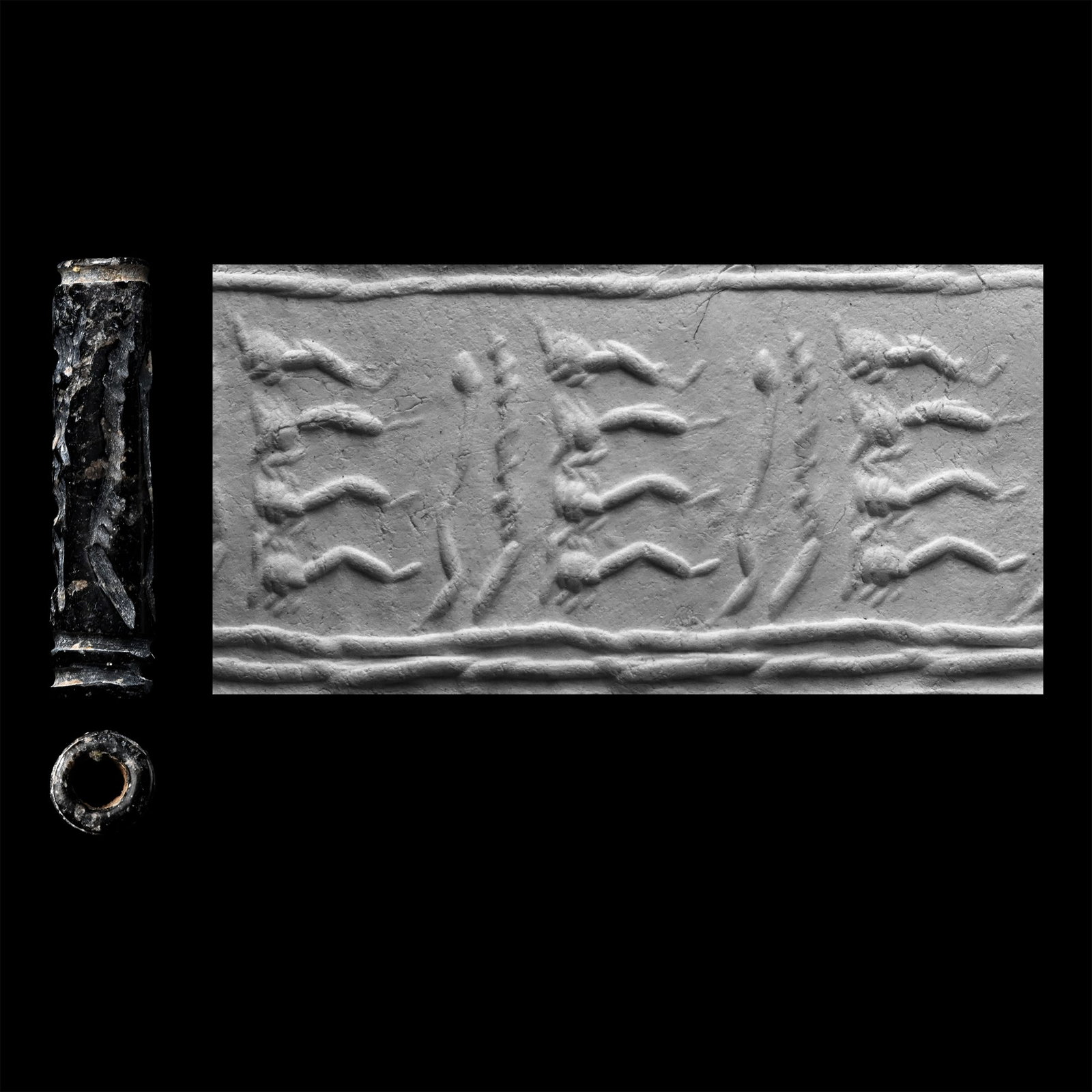 Western Asiatic Black Stone Cylinder Seal with Insects: 2nd-1st millennium B.C. Frieze of rows of insects within linear borders; supplied with a museum-quality impression. 0.35 grams, 16.7 mm (5/8 in.). [No Reserve] From the private collection of a Europea
