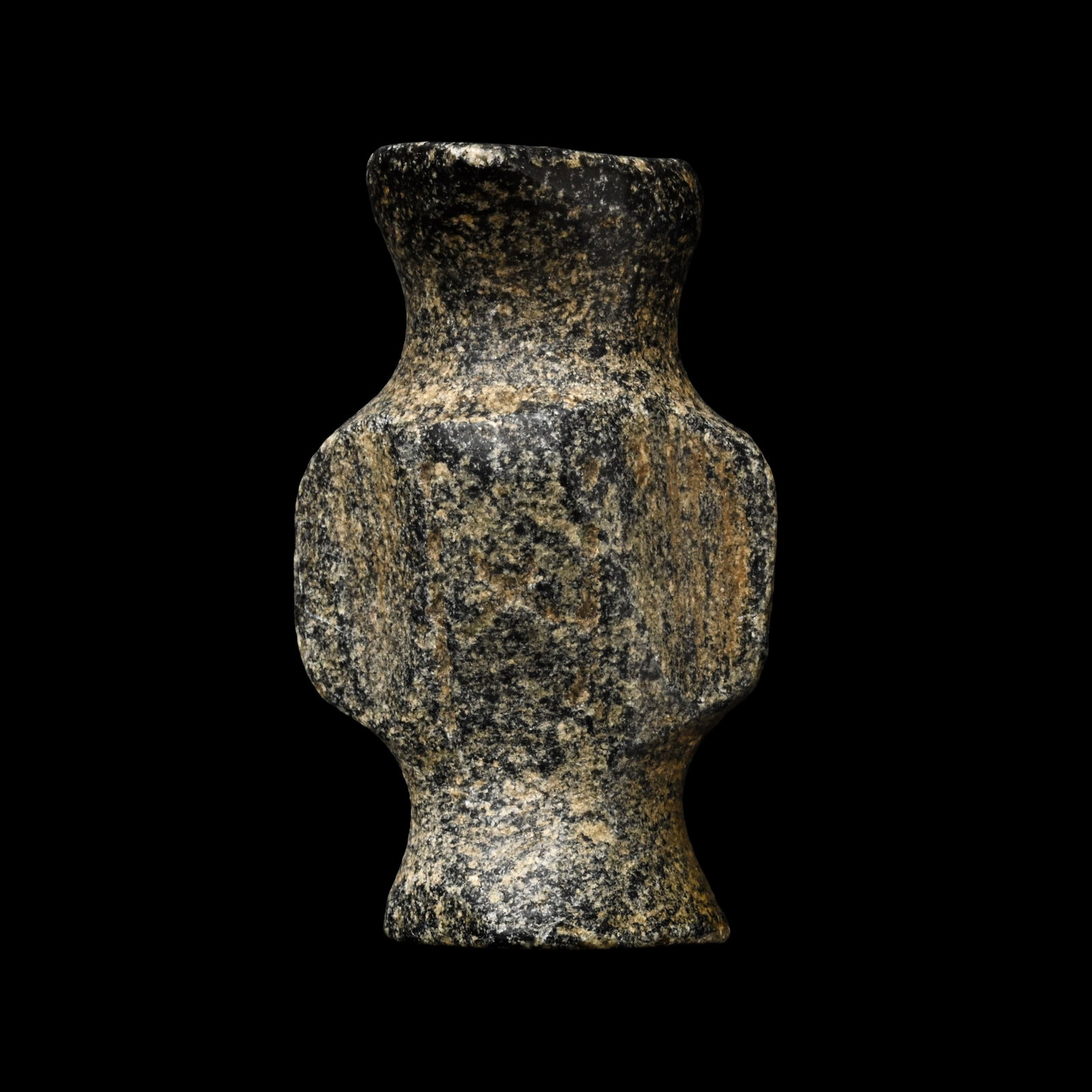 Western Asiatic Miniature Schist Vessel: 1st millennium B.C. Tubular in form with flared foot and mouth, lateral lug handles. 10.75 grams, 35.49 mm (3/4 in.). [No Reserve] From the private collection of a European gentleman (1942-2024), form