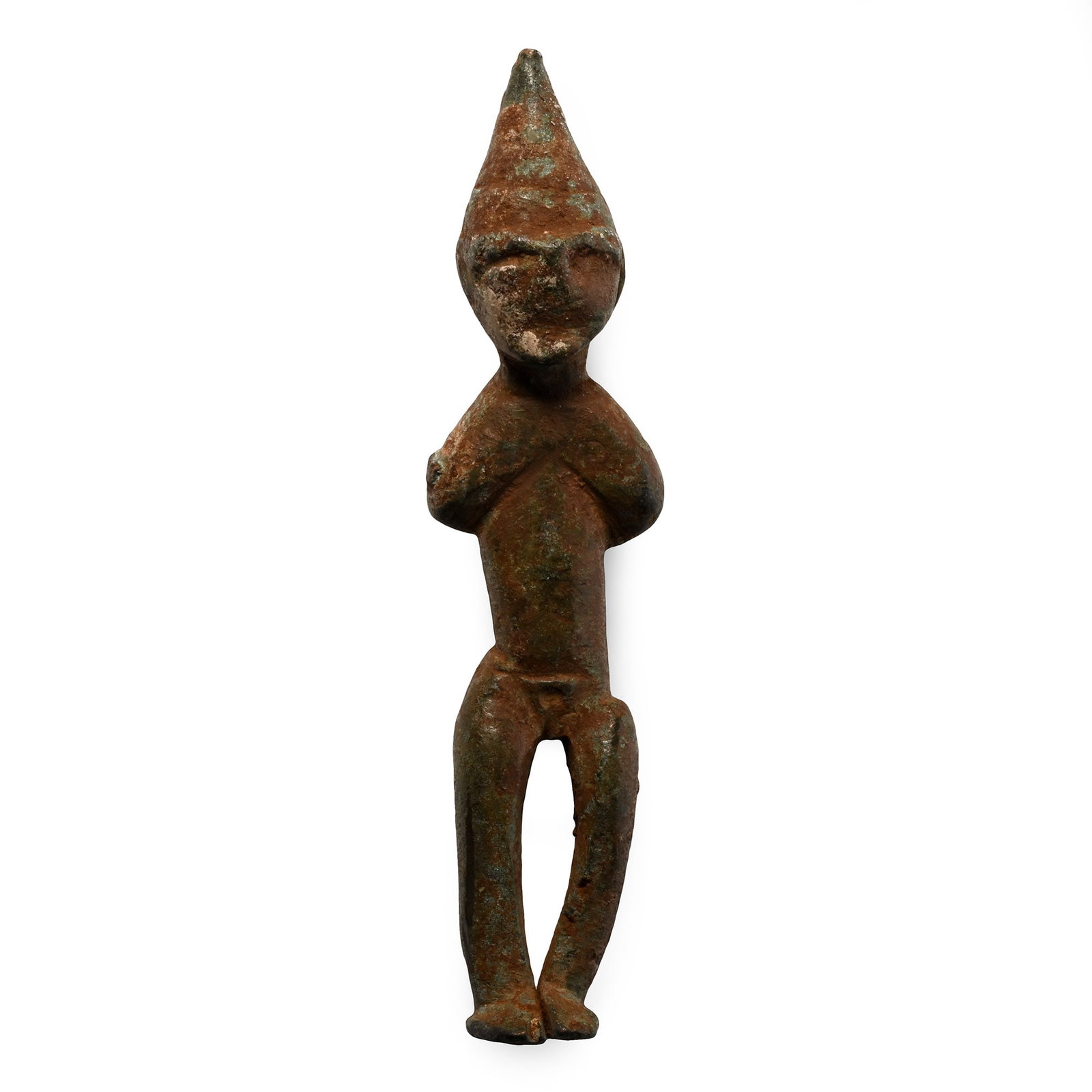 Syro-Hittite Bronze Helmetted Figure: 2nd-1st millennium B.C. Modelled as a standing nude figure wearing a tall conical helmet, arms pulled behind the back and forming two lugs. 76 grams, 93 mm (3 5/8 in.). From the collection of a gentle