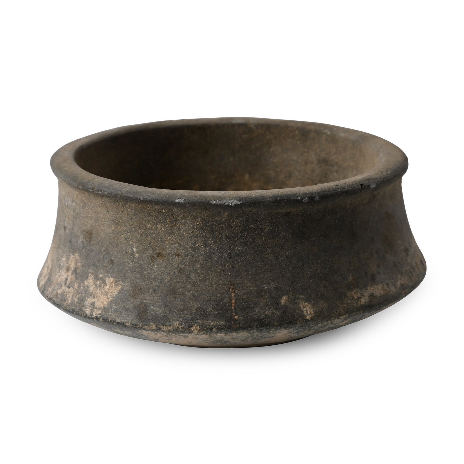 Western Asiatic Stone Vessel: 2nd-1st millennium B.C. With a broad squat body with carination and a flat rim to the mouth; basal ring. 396 grams, 11.6 cm wide (4 1/2 in.). Ex London, UK, collection, 1988-1990s. TimeLine Auctions f