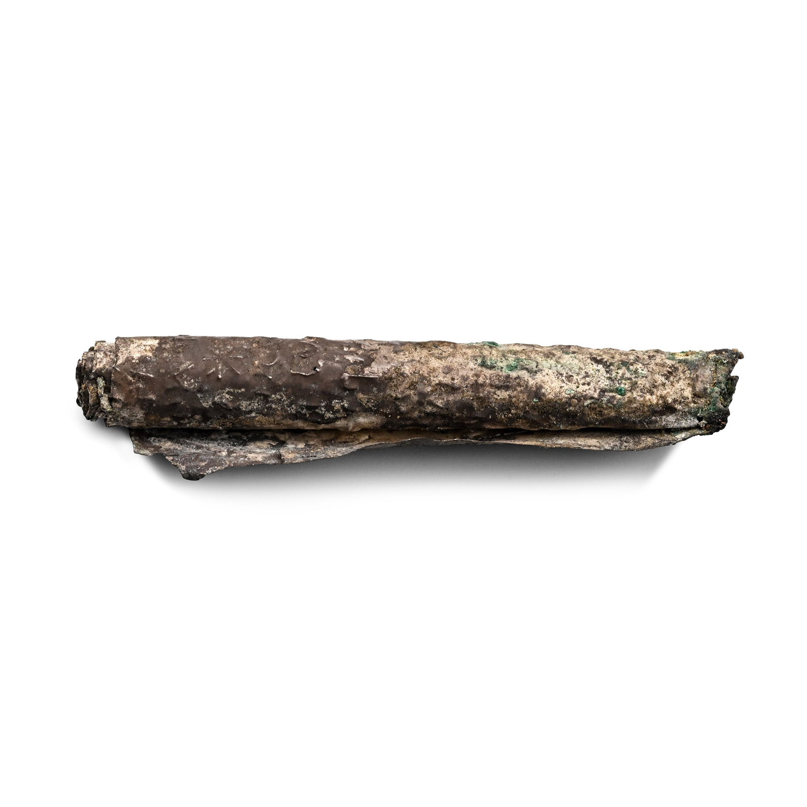Western Asiatic Silver Scroll: Early 1st millennium A.D. Rectangular thin silver sheet tightly wound into a cigar-shaped amulet; stamped starburst and other motifs to outer face 1.89 grams, 45 mm (1 3/4 in.). From the collection of