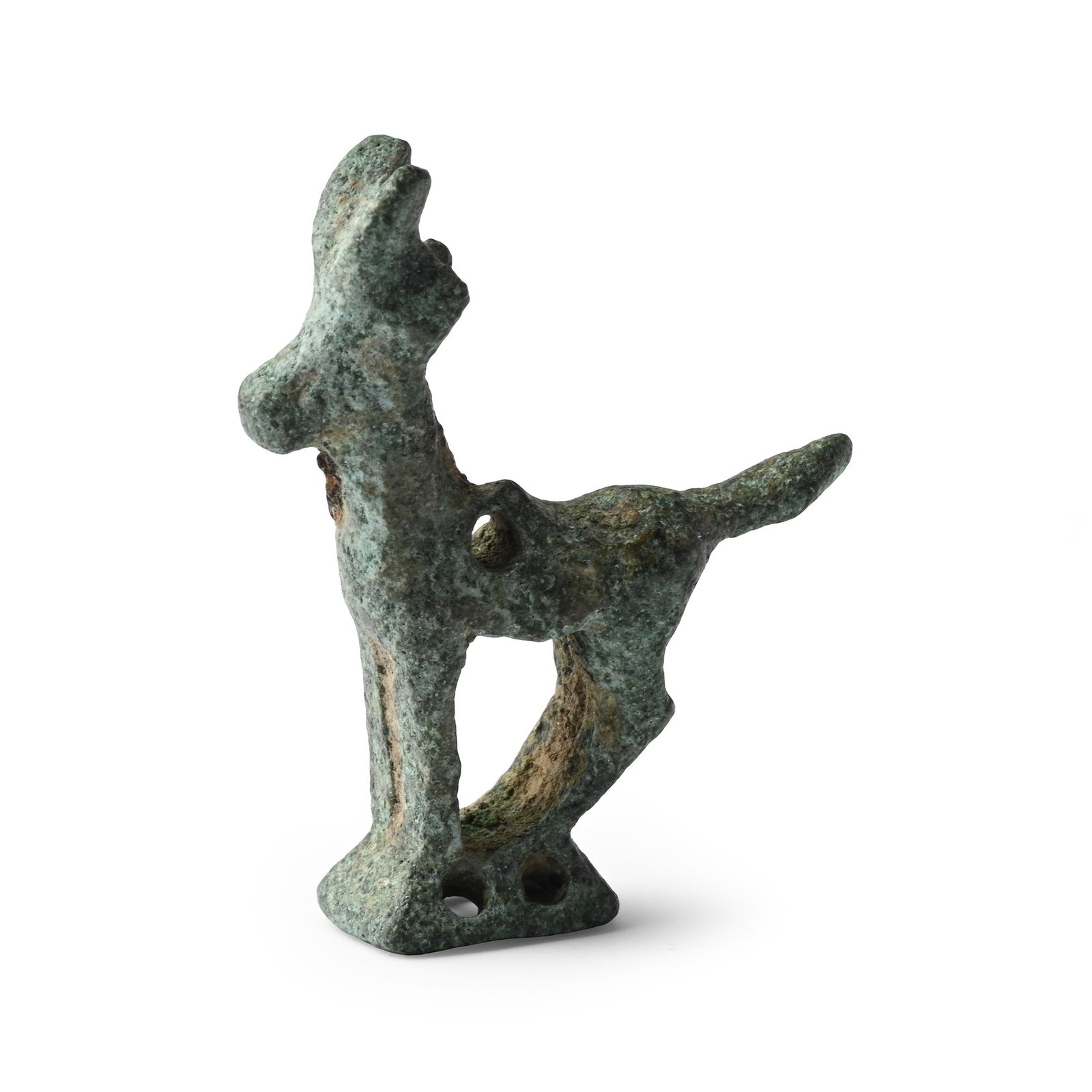 Luristan Bronze Standing Deer Statuette: 1st millennium B.C. Standing on a small base with an erect head and tail, pierced through the body. 12.3 grams, 36.8mm (1 3/8 in.). [No Reserve] From the private collection of a European gentleman (19