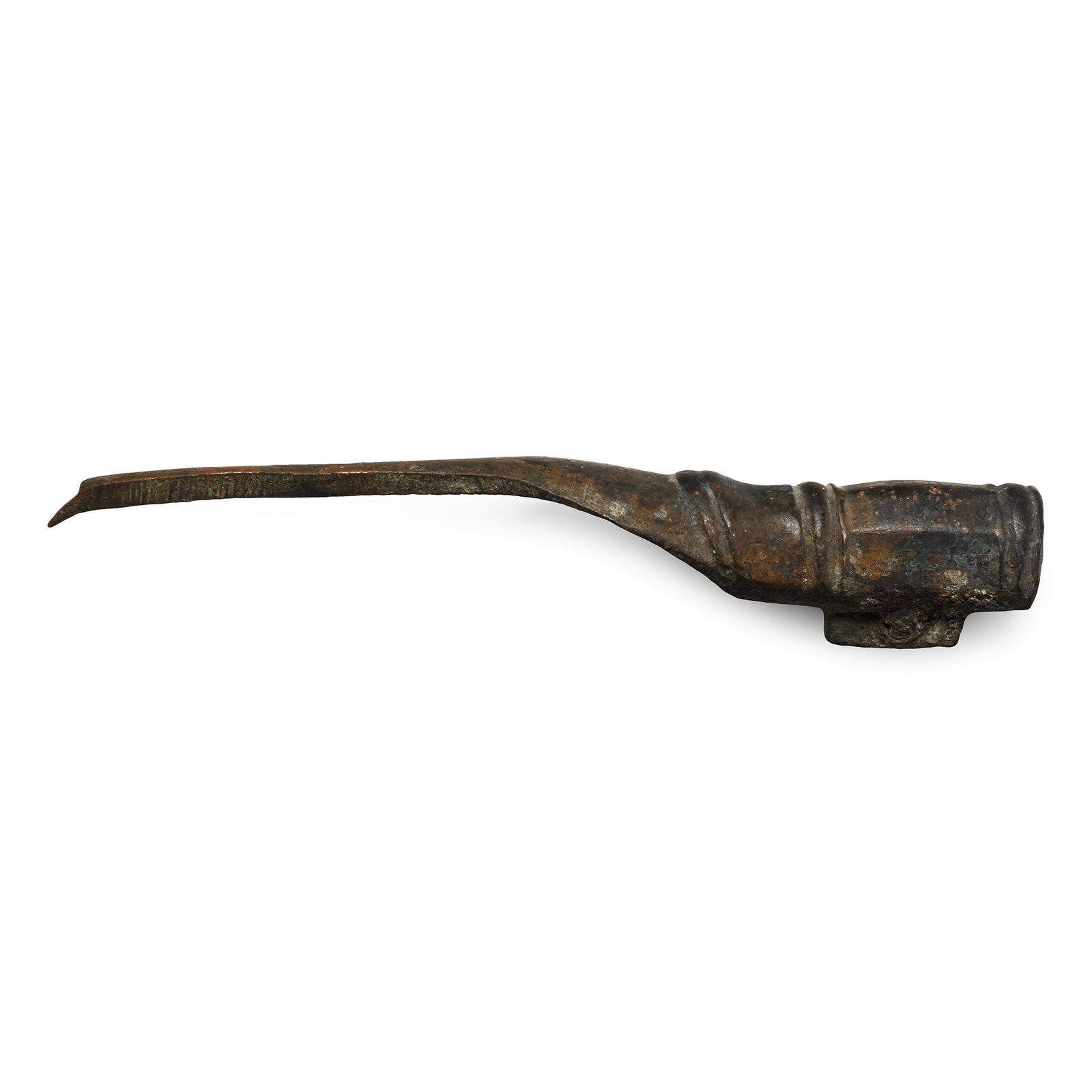 Western Asiatic Bronze Stylus: Late 1st millennium A.D. Comprising a barrel-shaped facetted socket with a rivetted lug to the rear, the body extending to a tapering nib with a sharp point. 17.8 grams, 84 mm (3 1/4 in.). [No Reserve