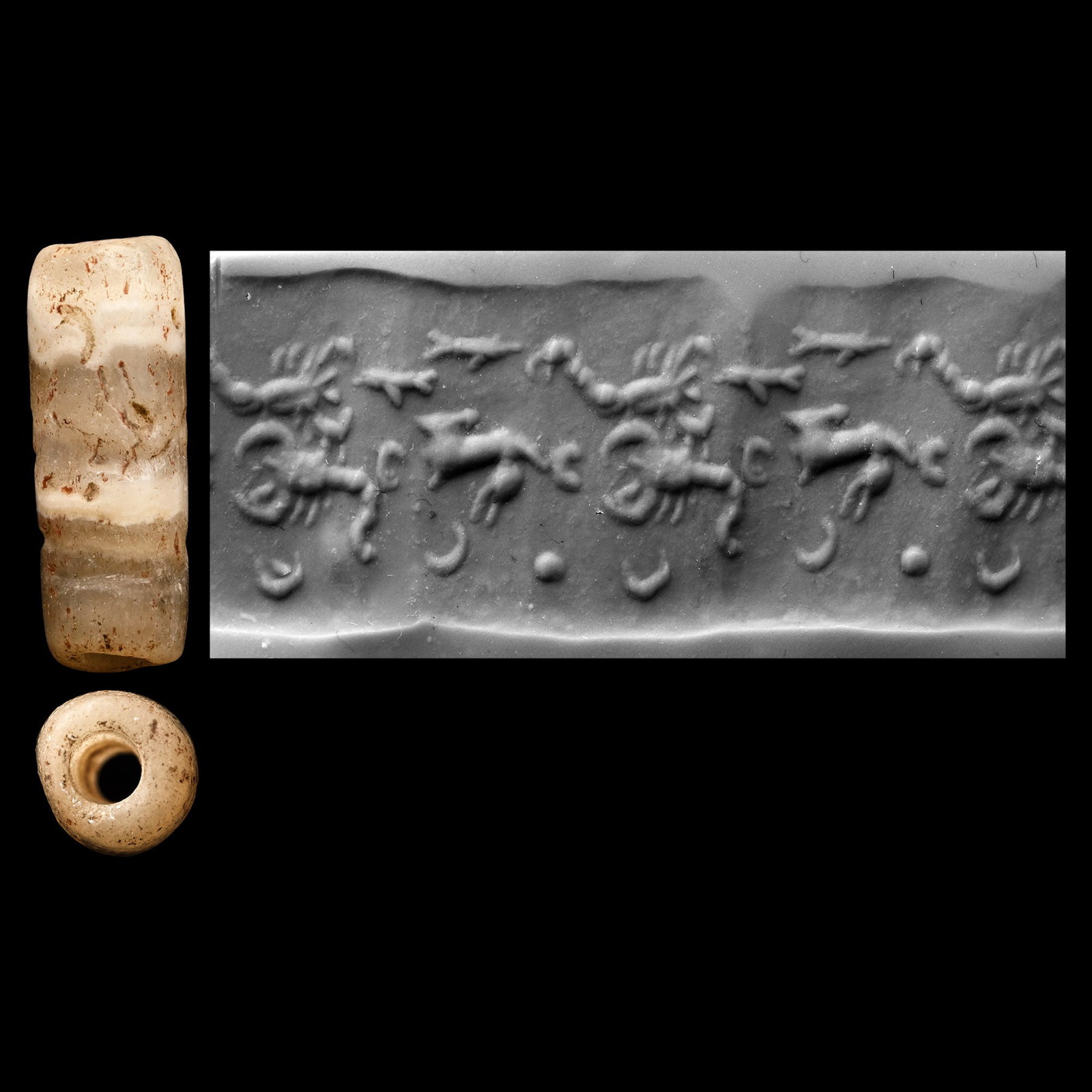 Western Asiatic Banded Agate Cylinder Seal with Scorpions: 2nd-1st millennium B.C. Frieze with scorpions and other animals; supplied with a museum-quality impression. 1.42 grams, 19.56 mm (3/4 in.). [No Reserve] From the private collection of a European gentl