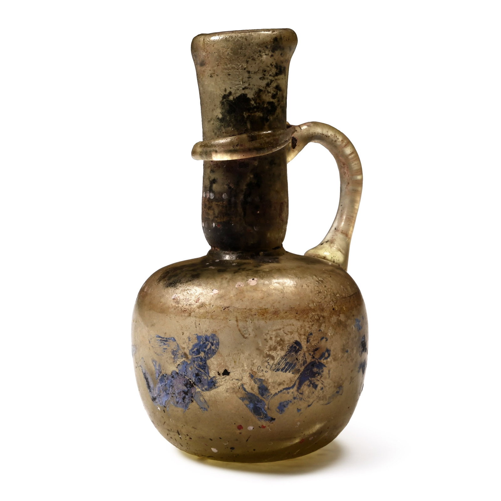 Western Asiatic Single-Handled Flask: 12th-14th century A.D. With wheel-cut frieze of animals to the body, traces of pigment remaining. 33.59 grams, 72 mm (2 7/8 in.). Ex Parisian gallery, France, 1980s. TimeLine Auctions follows a rigoro