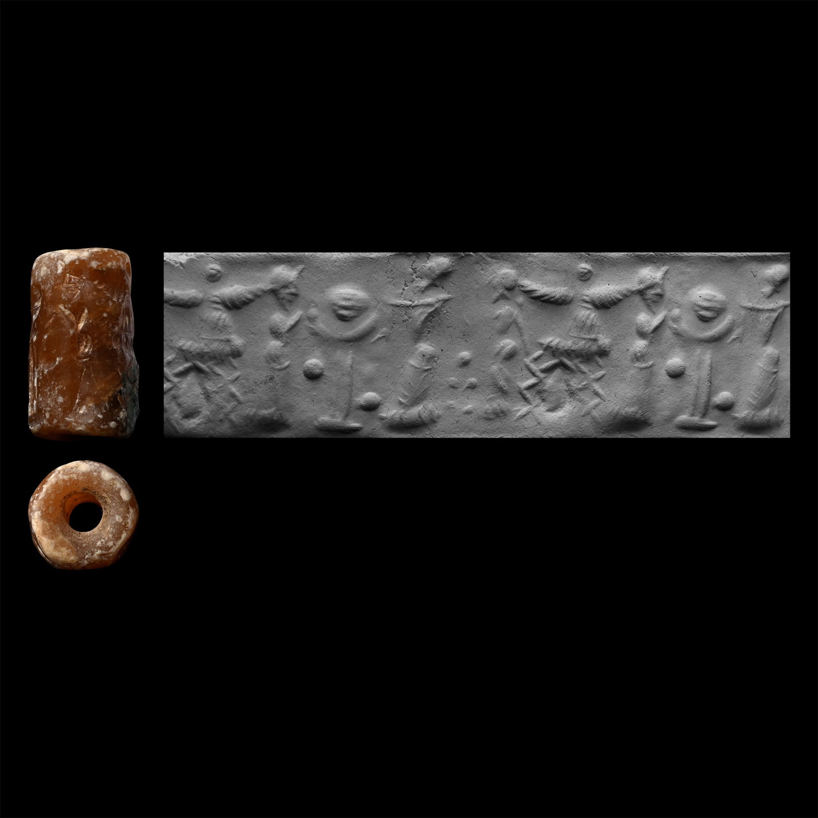 Western Asiatic Brown Stone Cylinder Seal with Worship Scene: 2nd-1st millennium B.C. Frieze depicting two kneeling figures flanking an altar with bird to the rear, with spread wings; supplied with a museum-quality impression. 2.09 grams, 16.97 mm (5/8 in.). [No
