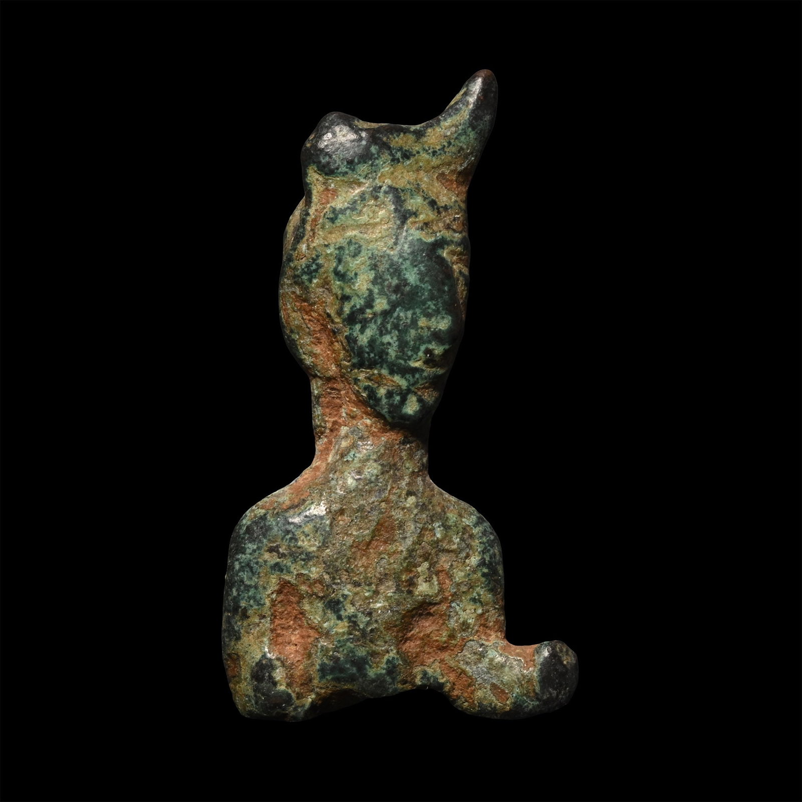 Western Asiatic Bronze Bust of a Horned Demon: 1st millennium B.C. The upper body of a man with an emphasised head turned to the left, wearing a horned headdress. 14.3 grams, 36.8 mm (1 3/8 in.). [No Reserve] From the private collection of a Europ