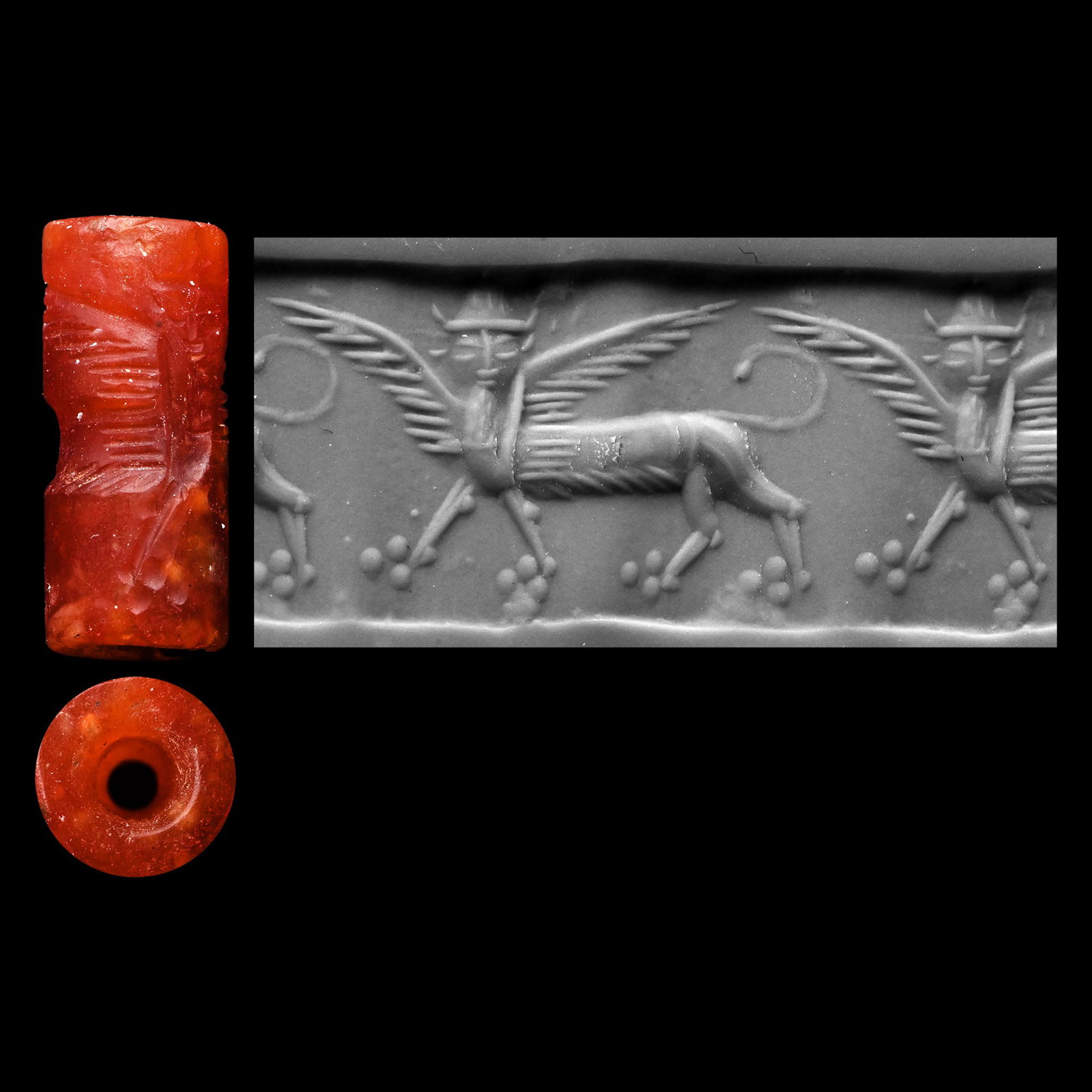 Western Asiatic Carnelian Cylinder Seal with Winged God Lamassu: 2nd-1st millennium B.C. Intaglio figure of a winged lamassu facing in advancing pose with pellet clusters beneath the hooves; supplied with a museum-quality impression. 0.71 grams, 13.52 mm (1/2 in.).