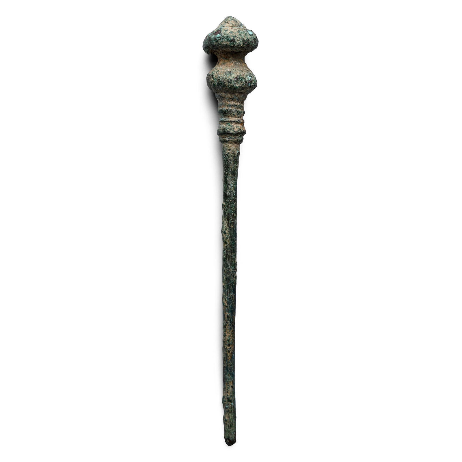 Western Asiatic Bronze Cloak Pin: Bronze Age, 2nd-1st millennium B.C. Comprising a tapering round-section pin with a balustered finial. 31.3 grams, 12.1 cm (4 3/4 in.). [No Reserve] From the private collection of a European gentleman 