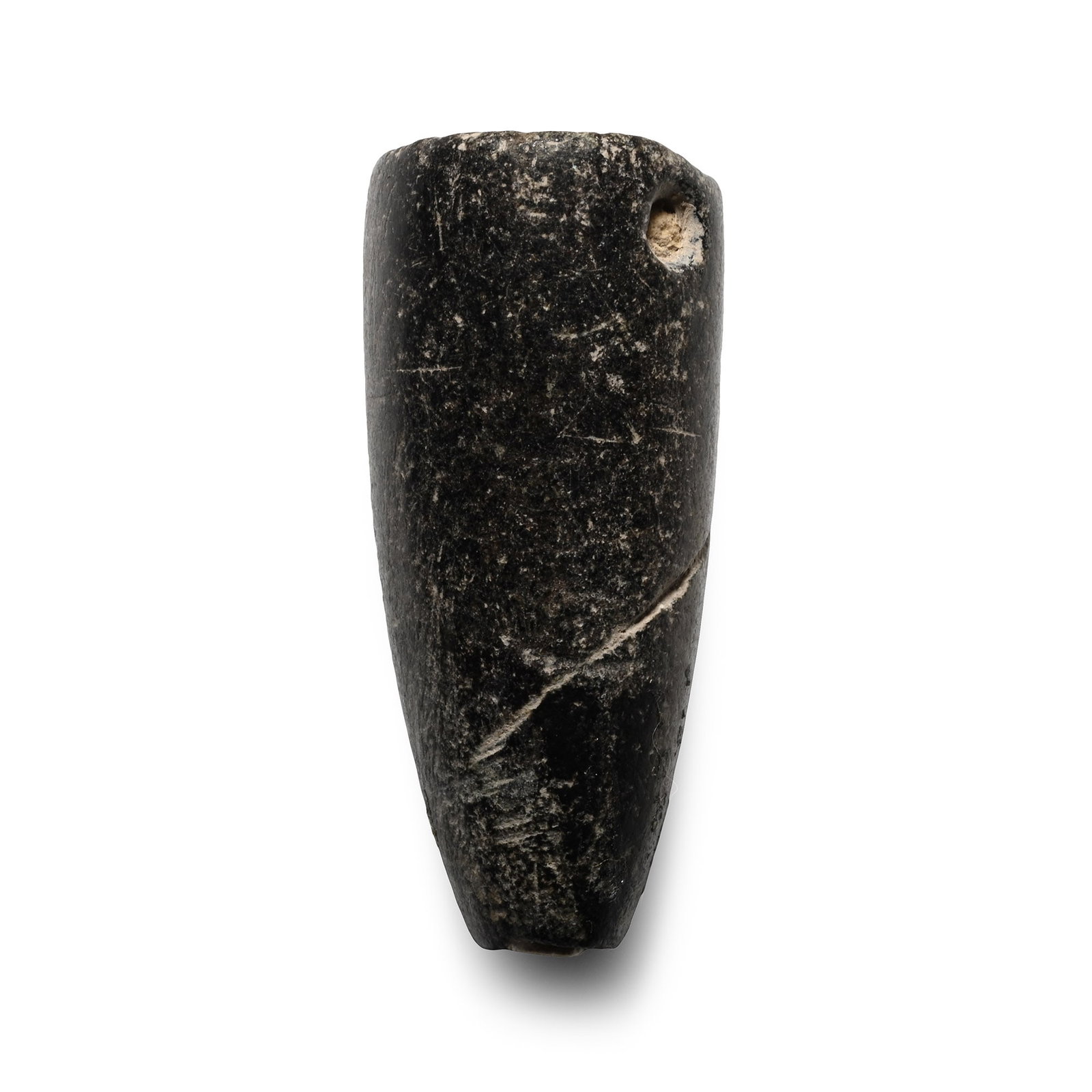 Western Asiatic Schist Vessel: 1st millennium B.C. Conical in profile with hollowed interior, opposed fixing holes at the rim. 27.7 grams, 50.34 mm (2 in.). [No Reserve] From the private collection of a European gentleman (1942-202