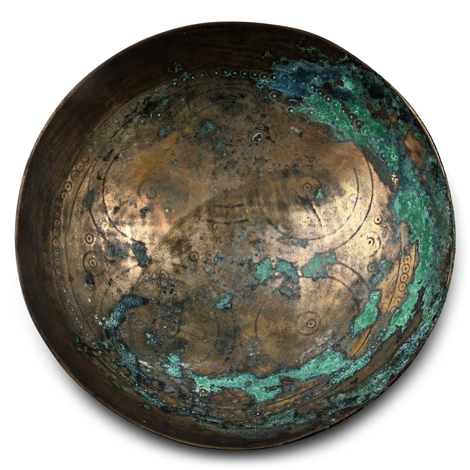 Qaznavid Decorated Bronze Bowl: 12th century A.D. Hemispherical in profile with incised design of concentric rings to the inner face. 205 grams, 15.7 cm (6 1/8 in.). Ex 'S' collection, London, UK, 1970s-1990s. TimeLine Auctions foll