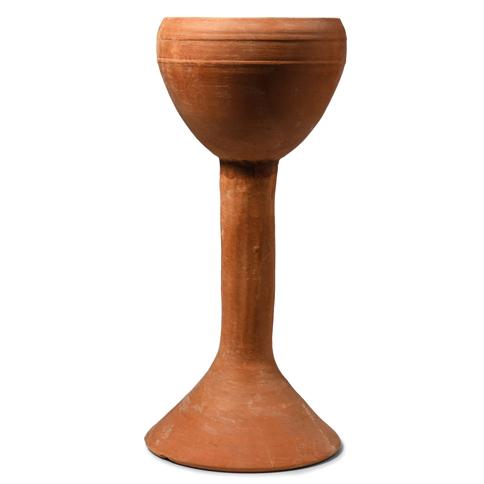 Tall Western Asiatic Pottery Chalice: 1st millennium B.C. With slender stem and trumpet-shaped foot, mammiform bowl with raised collar beneath the rim. 527 grams, 26.5 cm (10 3/8 in.). [No Reserve] From the collection of a gentleman, 1988