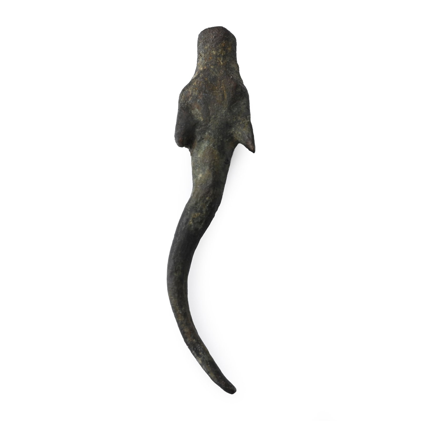 Western Asiatic Bronze Beast Head Finial: 1st millennium B.C. Modelled with triangular pulled-back ears and a narrow muzzle; accompanied by a display stand. 1.39 grams, 30.6 mm (1 1/4 in.). [No Reserve] From the private collection of a Europe