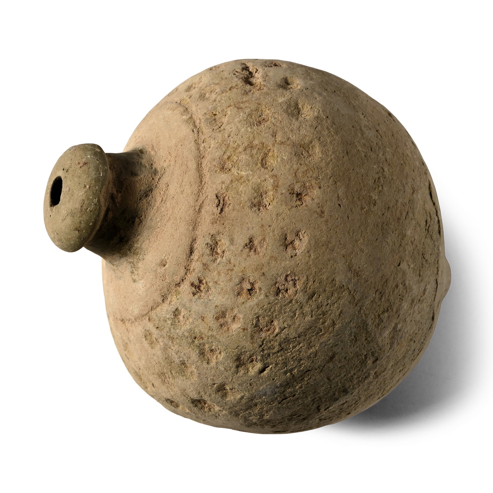 Byzantine 'Greek Fire' Ceramic Fire Bomb or Hand Grenade: 9th-11th century A.D. Ovoid in profile with impressed pellet decoration on the upper body; intended to be filled with explosive liquid and a wick, and used as a hand grenade. Cf. Arendt, W. I., Granat