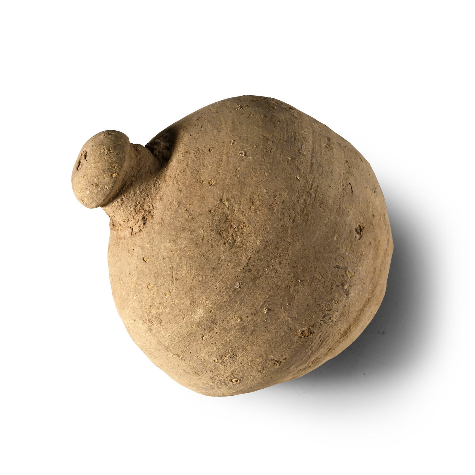 Byzantine 'Greek Fire' Ceramic Fire Bomb or Hand Grenade: 9th-11th century A.D. Bulbous, undecorated body with dome filler hole; intended to be filled with explosive liquid and a wick, and used as a hand grenade. Cf. Arendt, W. I., Granaten des 13-14. Jahrhu