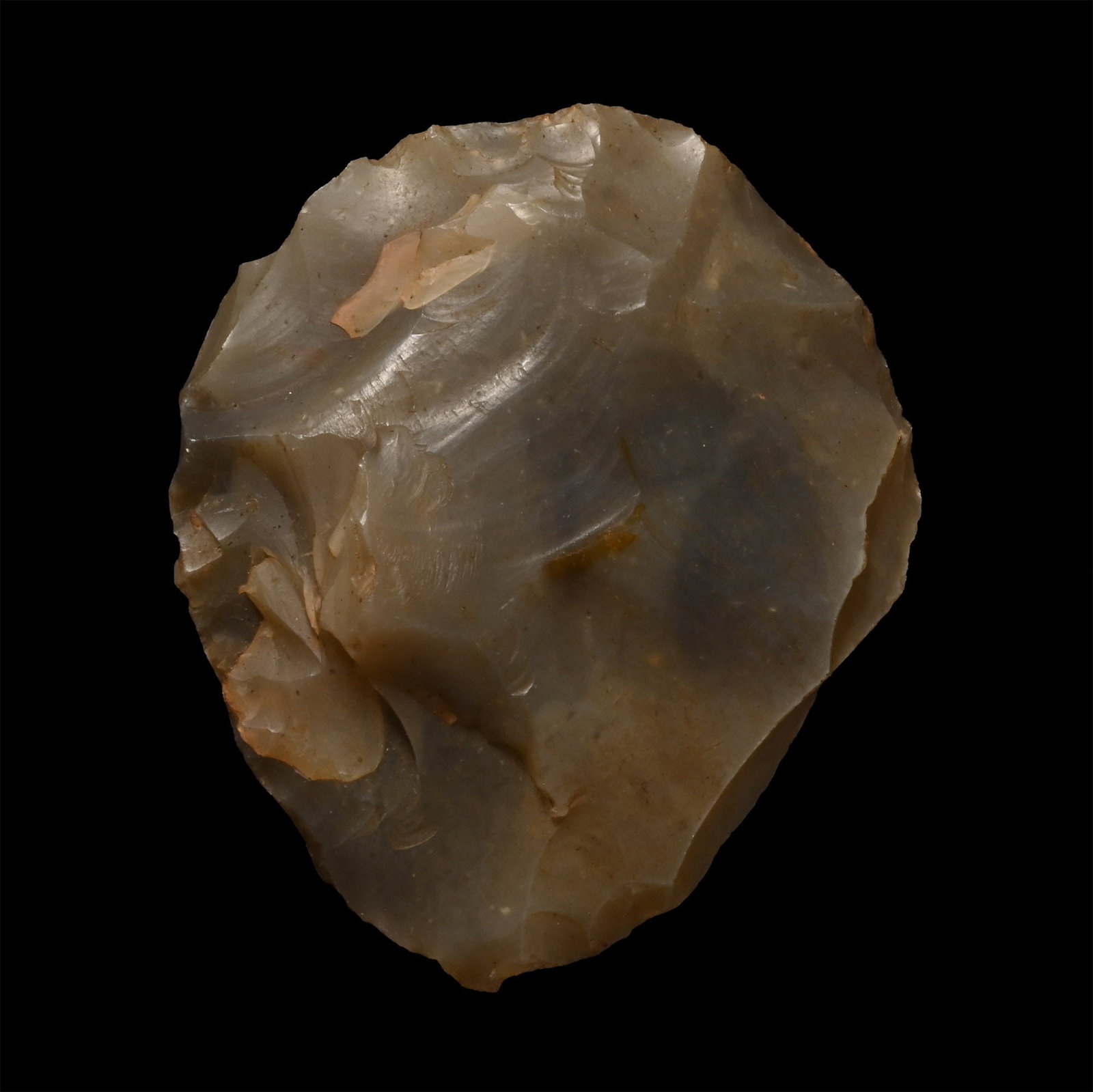 British Stone Age Knapped Flint Bifacial Knife from Farnham: Neolithic Period, circa 6000 years B.P. Ovate in plan with a small patch of cortex forming a thumb-pad. 17.6 grams, 40.5 mm (1 1/2 in.). [No Reserve] Found in 1901. From the collection of Captain Stre