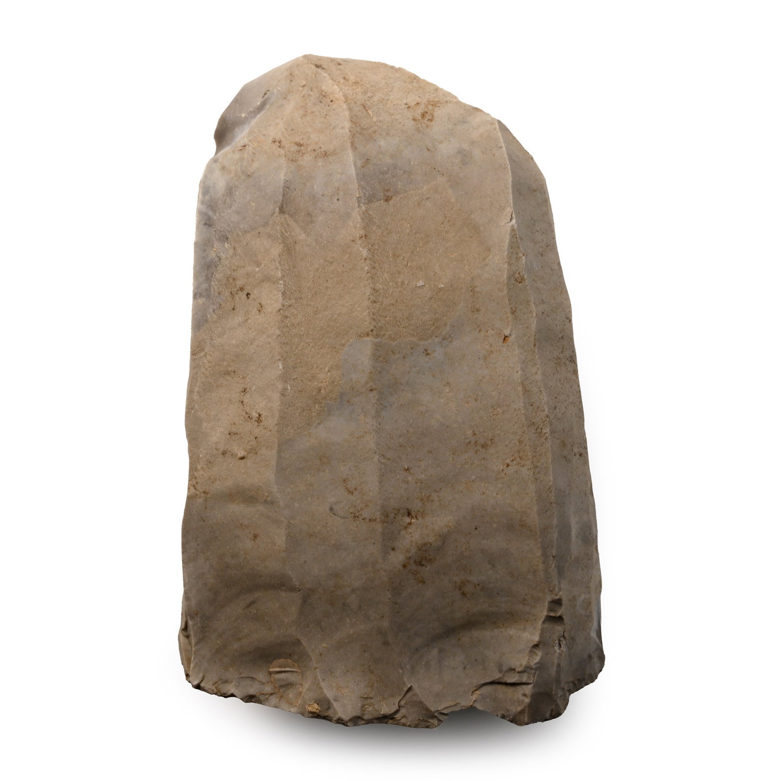 Large Belgian Stone Age Wide Flint Core: Neolithic Period, circa 6000 B.P. Sturdy tongue-shaped core with parallel facets to one face, cortex to the reverse. 676 grams, 14.9 cm (5 7/8 in.). [No Reserve] Found Spiennes, Belgium. From an old P