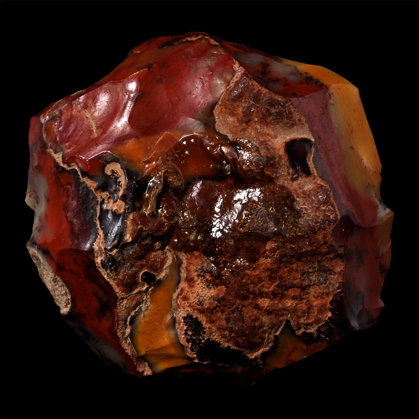 Stone Age Mousterian Knapped Fontmaure Jasper Neanderthal Ovate Scraper: Middle Palaeolithic Period, circa 150,000-60,000 B.P. An ovate Levallois scraper with a facetted profile. 166 grams, 76.44 mm (3 in.). [No Reserve] Fontmaure, Vienne department, France. Acquired in th