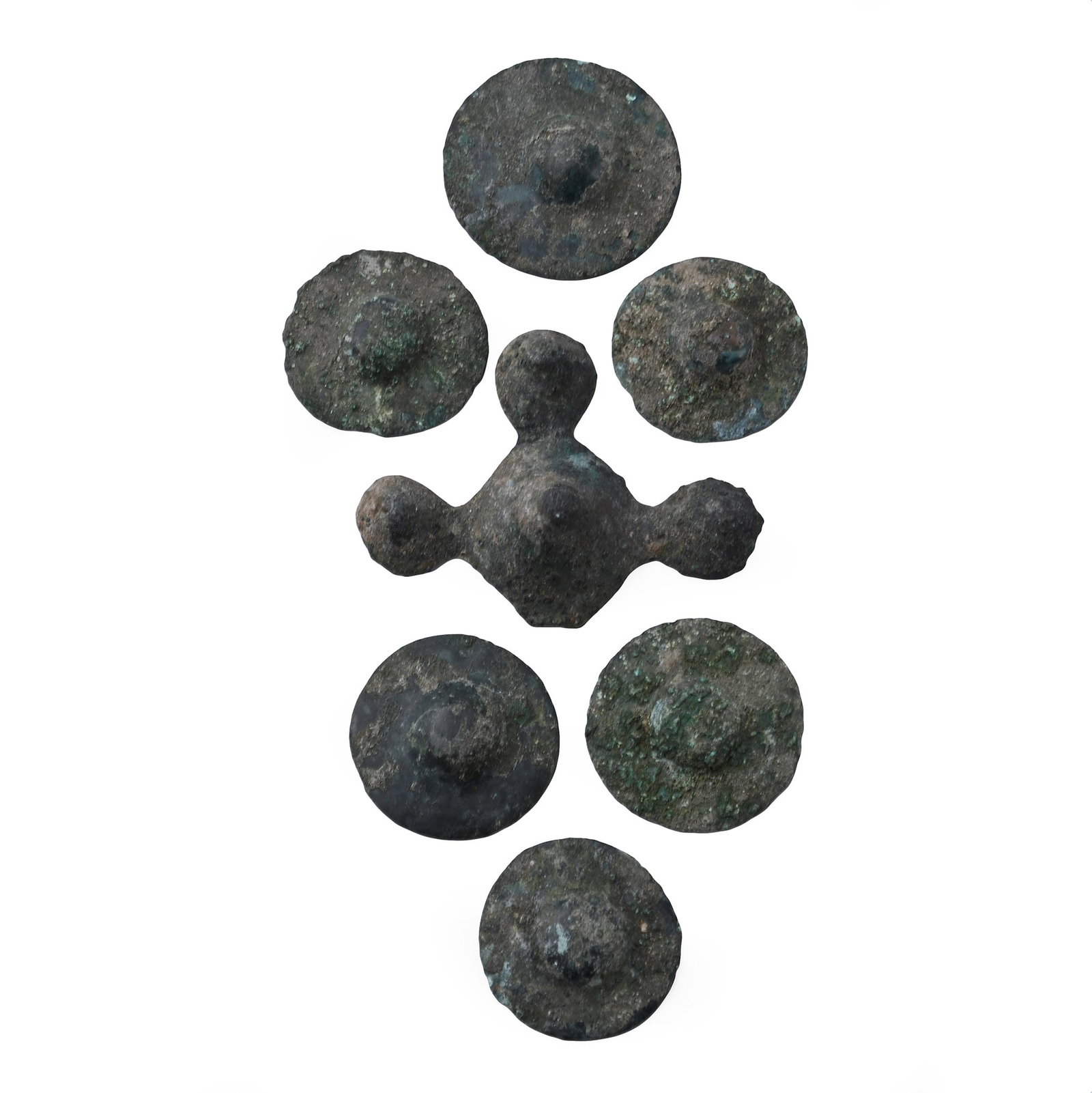 Bronze Age Horse Harness Boss Group: 1st millennium B.C. Comprising cruciform and disc types, with inked accession numbers to reverse. 45.81 grams total, 26.99-55.24 mm (1 - 2 1/8 in.). [7, No Reserve] From the private collection of a Eu