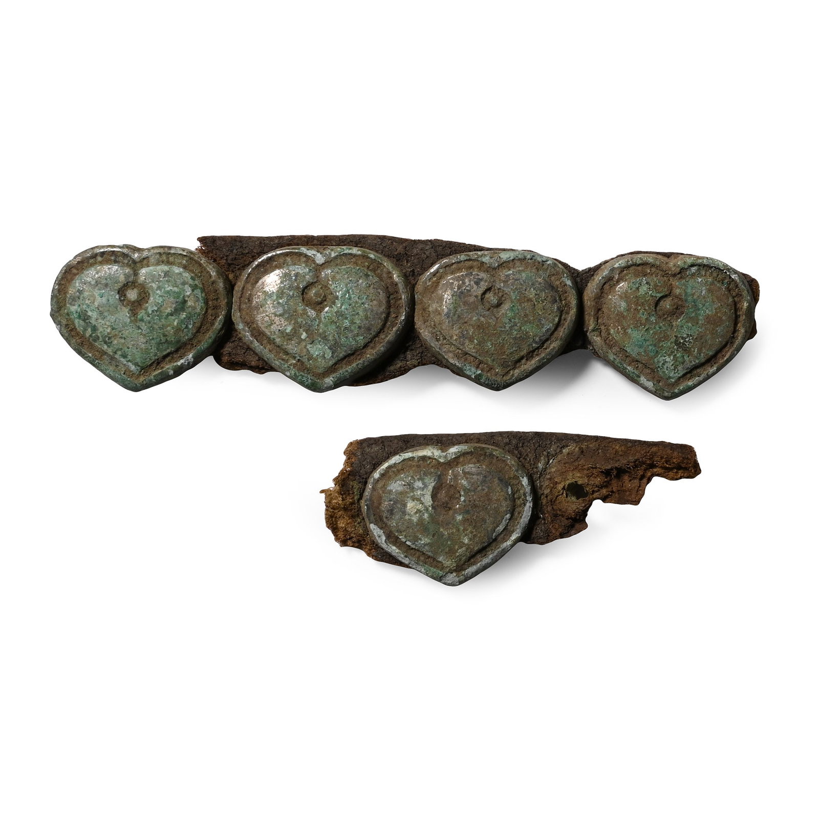Viking Age Leather Belt Fragments with Tinned Bronze Heart-Shaped Mounts (1 of 1)