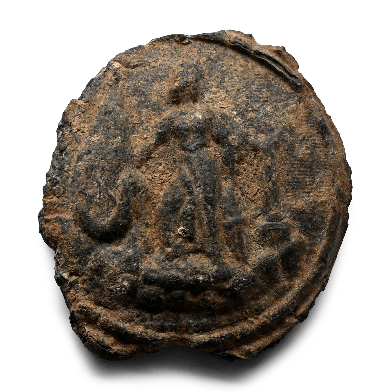 Medieval Pewter Pilgrim's Roundel: 14th-15th century A.D. With stepped rim and slightly domed tondo; low-relief robed female figure on a plinth with shield resting against one leg, bird beside her. 37.1 grams, 46 mm (4 7/8 in.). [No Re