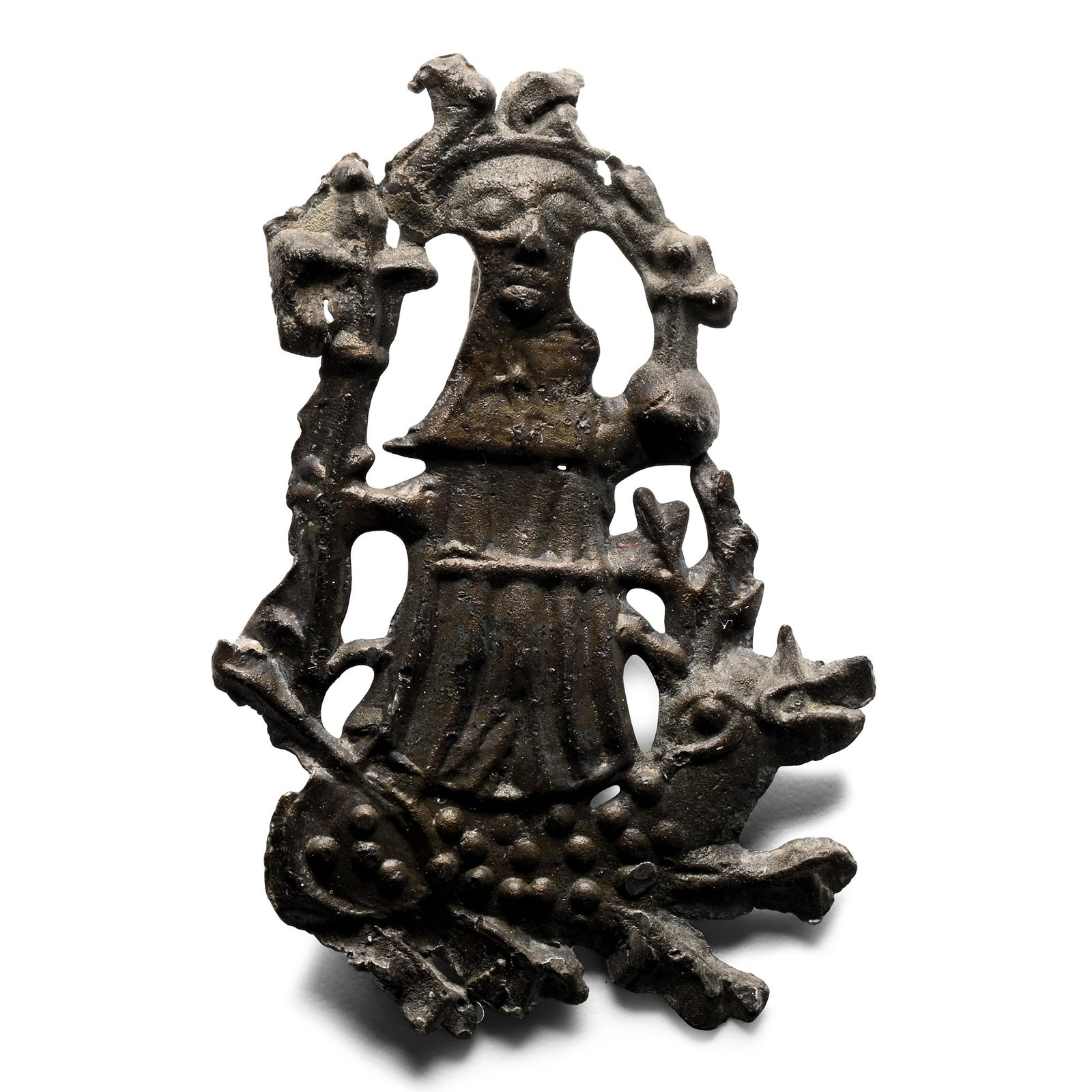 Medieval Pewter Henry VII of Windsor Pilgrim's Badge: Circa 14th-15th century A.D. Openwork low-relief image of Henry standing on a dog, sceptre in one hand and orb in the other; pin to reverse; old collector's inked reference 'BWF'. Cf. Mitchiner, M., M