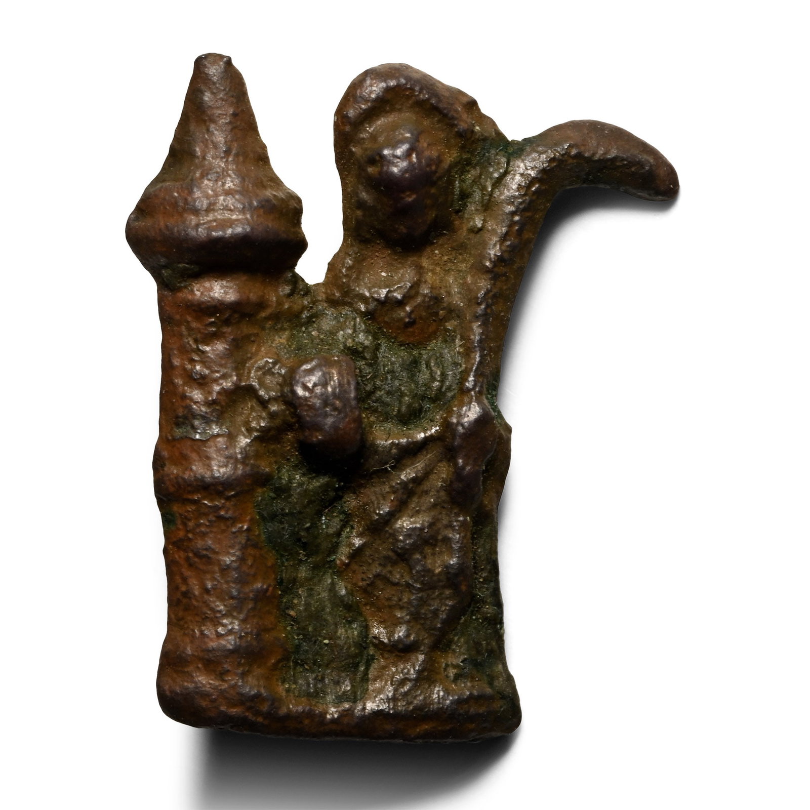 Medieval Bronze Saint Barbara Pilgrim's Badge: 14th-15th century A.D. Nimbate Saint Barbara standing next to a tower with three windows and holding a palm frond, modelled in the half-round. 3.53 grams, 24 mm (1 in.). [No Reserve] From a retired Li