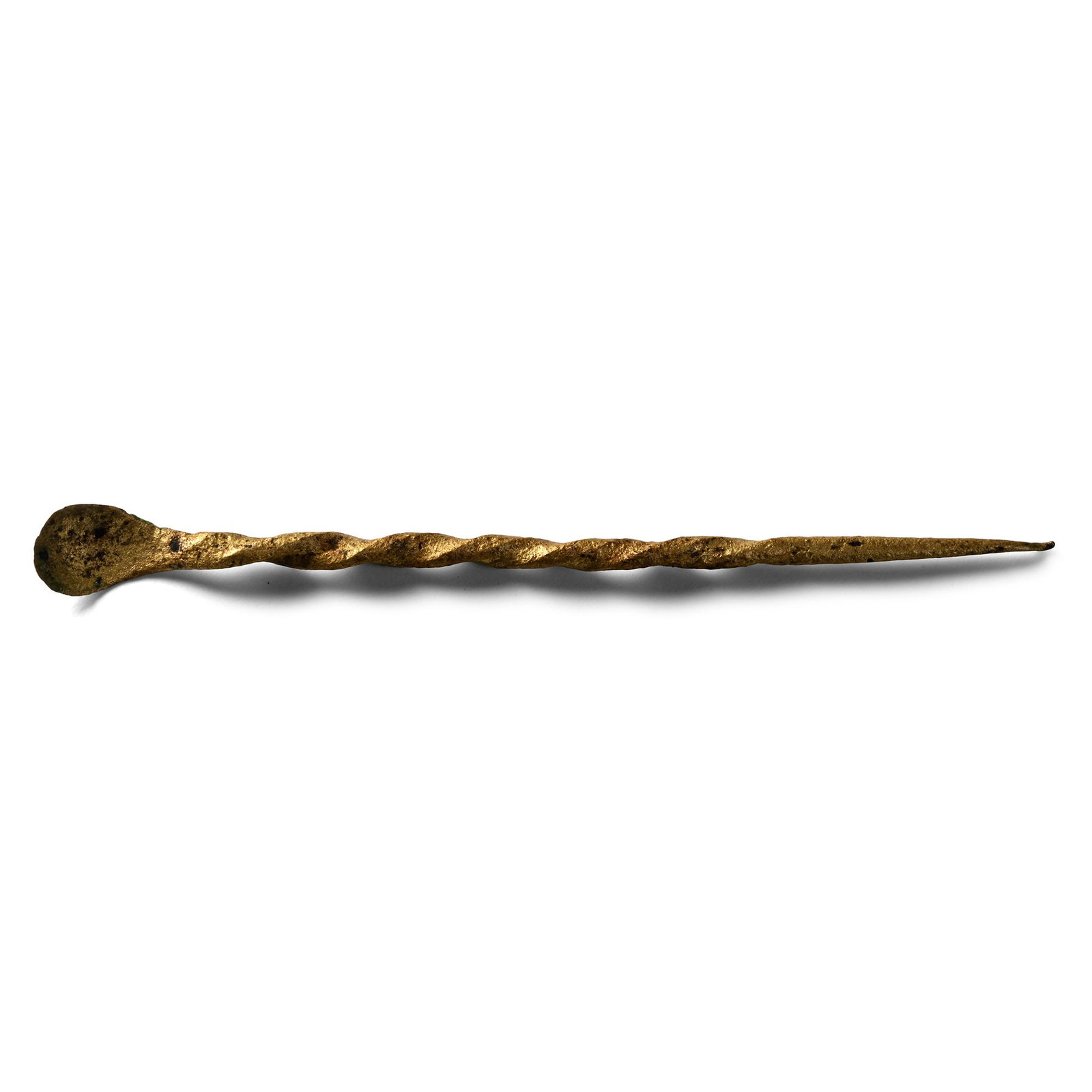 Medieval Bronze Earscoop Toilet Pendant: Circa 14th-15th century A.D. With spiked and twisted shank and shallow bowl. 0.68 grams, 54 mm (2 1/8 in.). [No Reserve] From a retired Lincolnshire, UK, gentleman's collection, a long time member of 