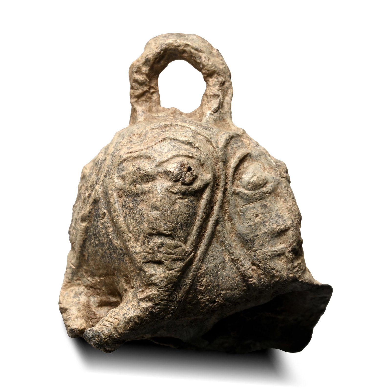 Medieval Lead Pilgrim's Bell: Circa 14th-15th century A.D. Bulbous body with slightly flaring rim, the body with four low-relief male faces, loop above. 15 grams, 31 mm (1 1/4 in.). [No Reserve] From a retired Lincolnshire, UK, ge