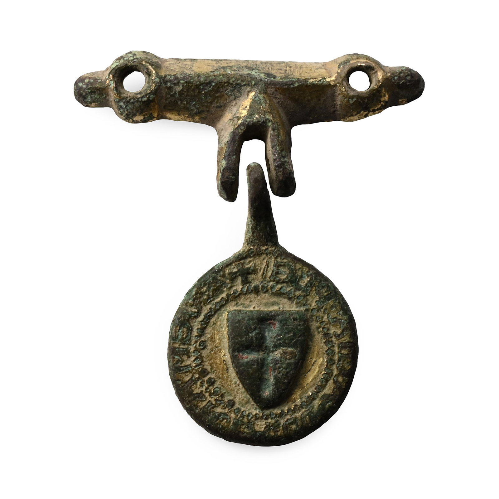 Medieval Knight's Gilt Bronze Heraldic Horse Harness Pendant and Hanger: 14th-15th century A.D. Comprising: D-section hanger with hole at each end for attachment, hinge knuckles to middle of lower edge; pendant disc with pierced lug, central heater shield with cross pattee