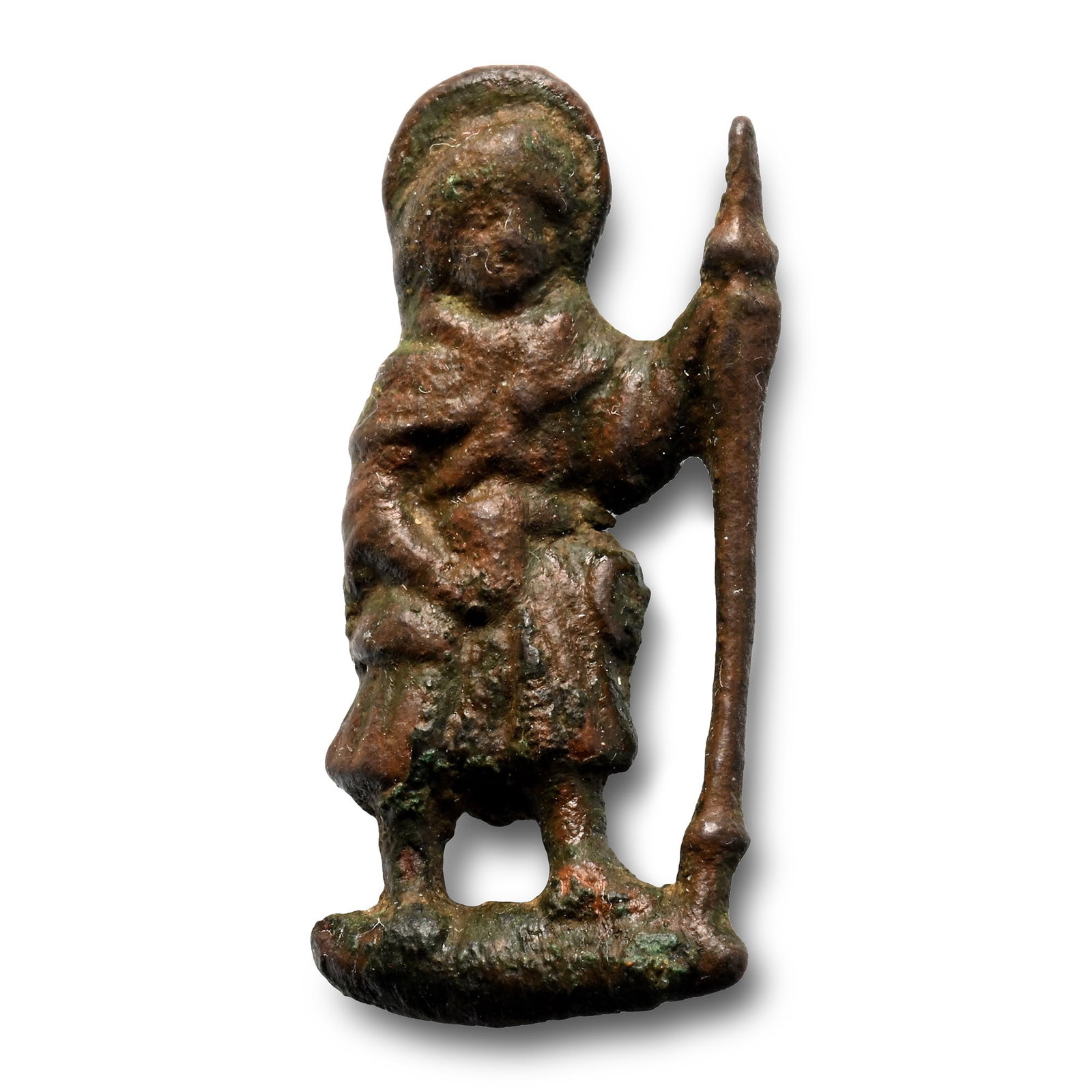 Medieval Pewter Pilgrim with Staff Pilgrim's Badge: Circa 14th-15th century A.D. Modelled in the half-round, standing figure with staff and scrip. Cf. Mitchiner, M., Medieval Pilgrim & Secular Badges, London, 1986, item 528, for type. 3.84 grams, 30 mm