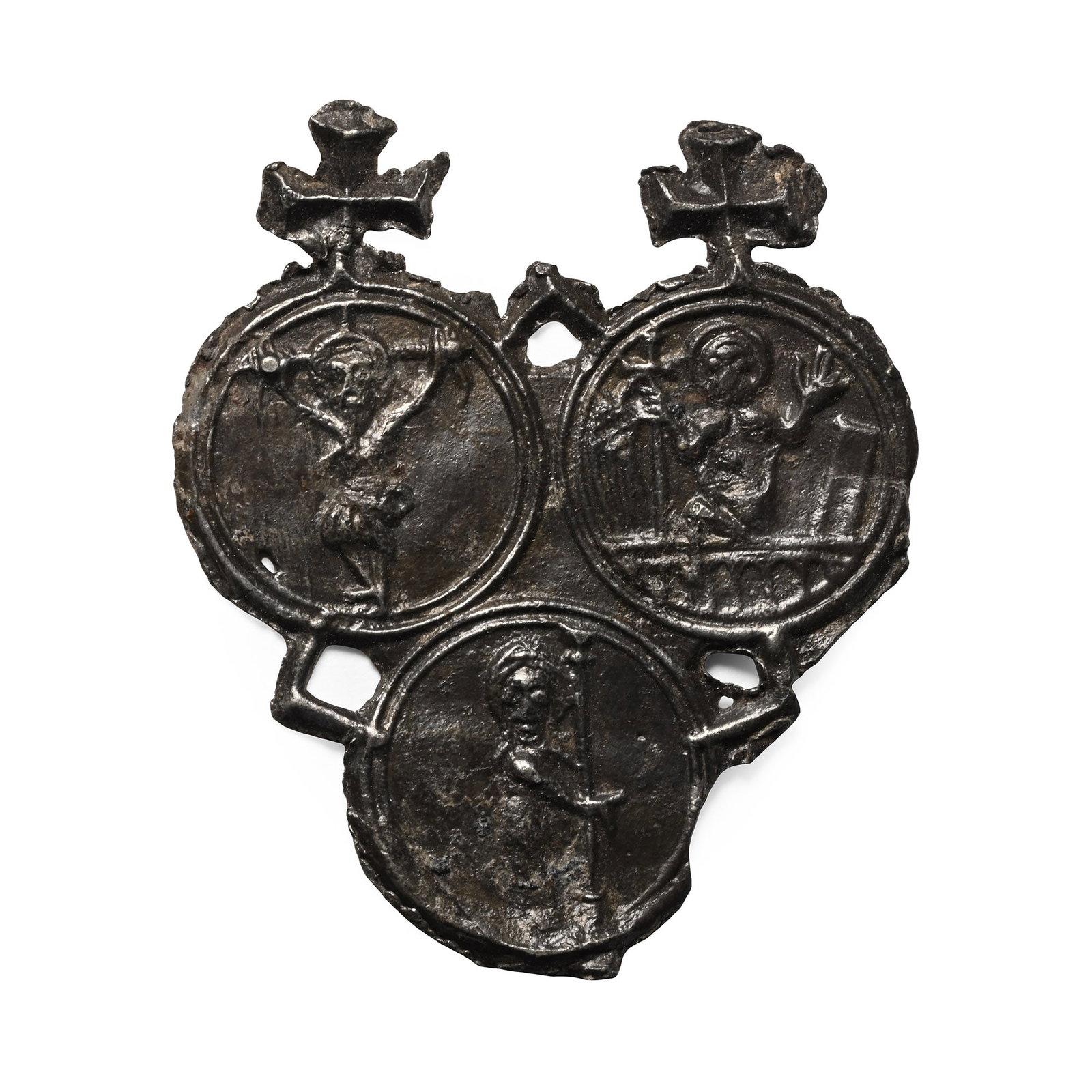 Medieval Pewter Wilsnack Pilgrim's Badge: Circa 15th century A.D. Trefoil in plan with raised rim to each lobe, crosses to upper edge; low-relief images of the three hosts of Wilsnack. Cf. van Beuningen, H.J.E. & Koldeweij, A.M., Rotterdam pa