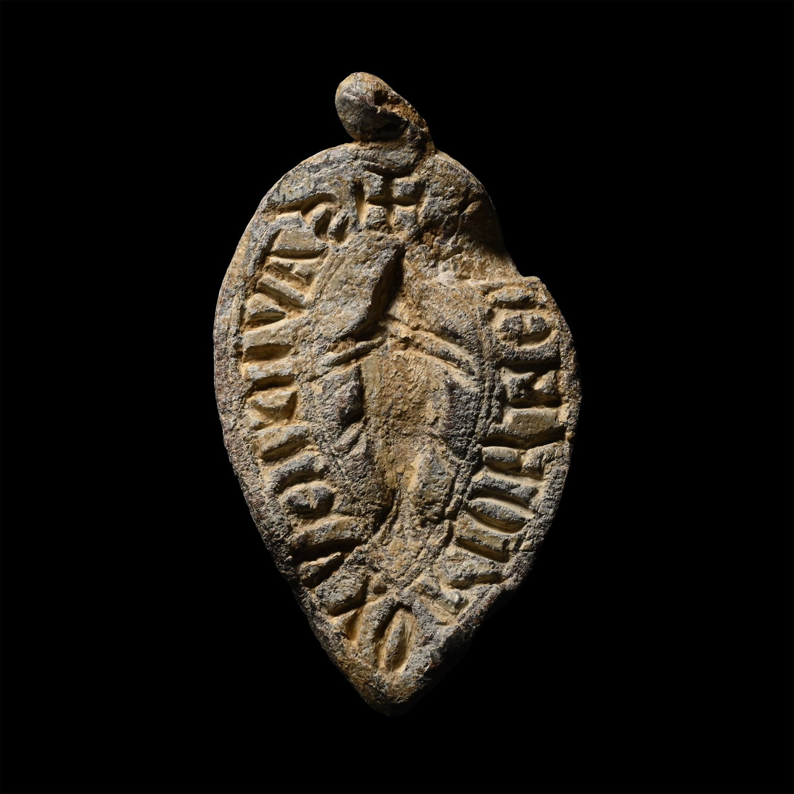 Medieval Lead Vesica-Shaped Personal Seal Matrix of a Wife (1 of 1)