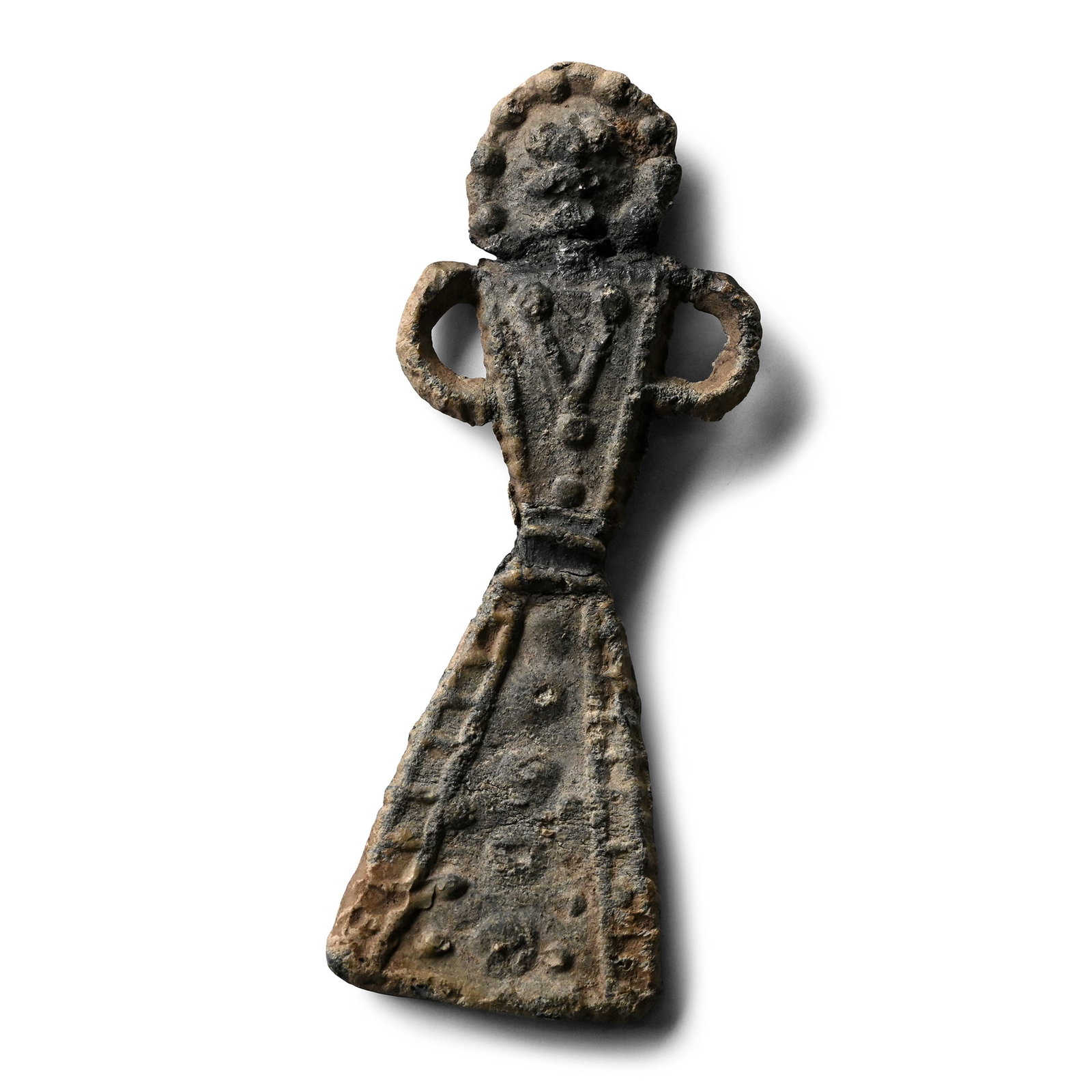 Medieval Pewter Pilgrim's Badge with St. Sitha: 14th-15th century A.D. Bifacial low-relief figure of a female in floor-length robe with line of bosses to the front, triangular panel to chest, stylised halo. Cf. Spencer, B., Pilgrim Souvenirs and Se