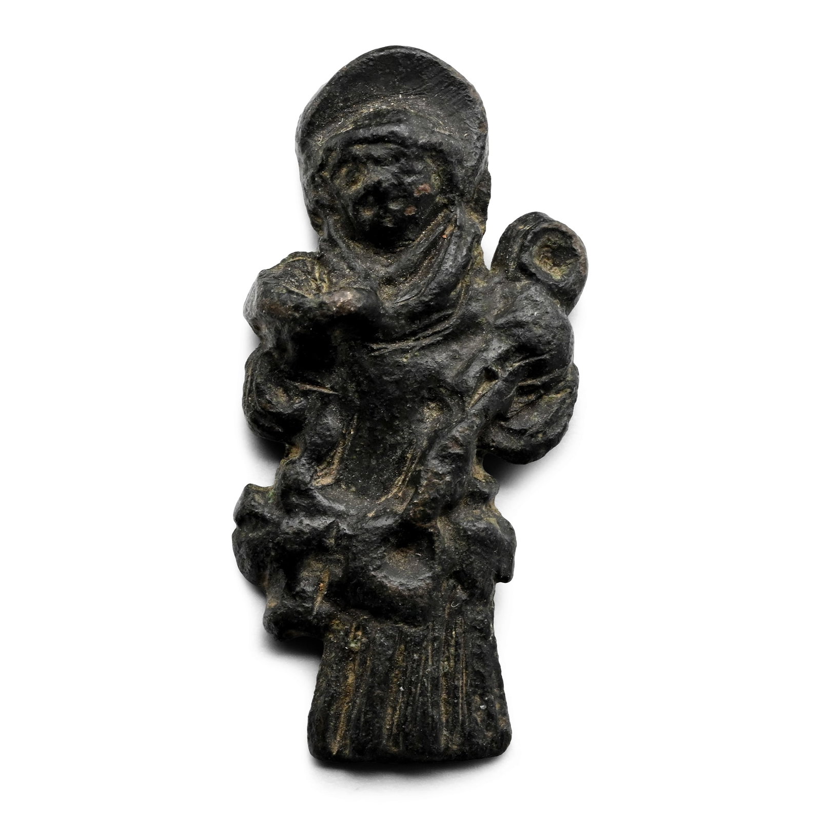 Medieval Pewter Pilgrim's Badge with Mary and Child: 14th-15th century A.D. High-relief facing nimbate figure with distaff and spindle, possibly St. Catherine. 4.97 grams, 32 mm (1 1/4 in.). [No Reserve] From a retired Lincolnshire, UK, gentleman's coll