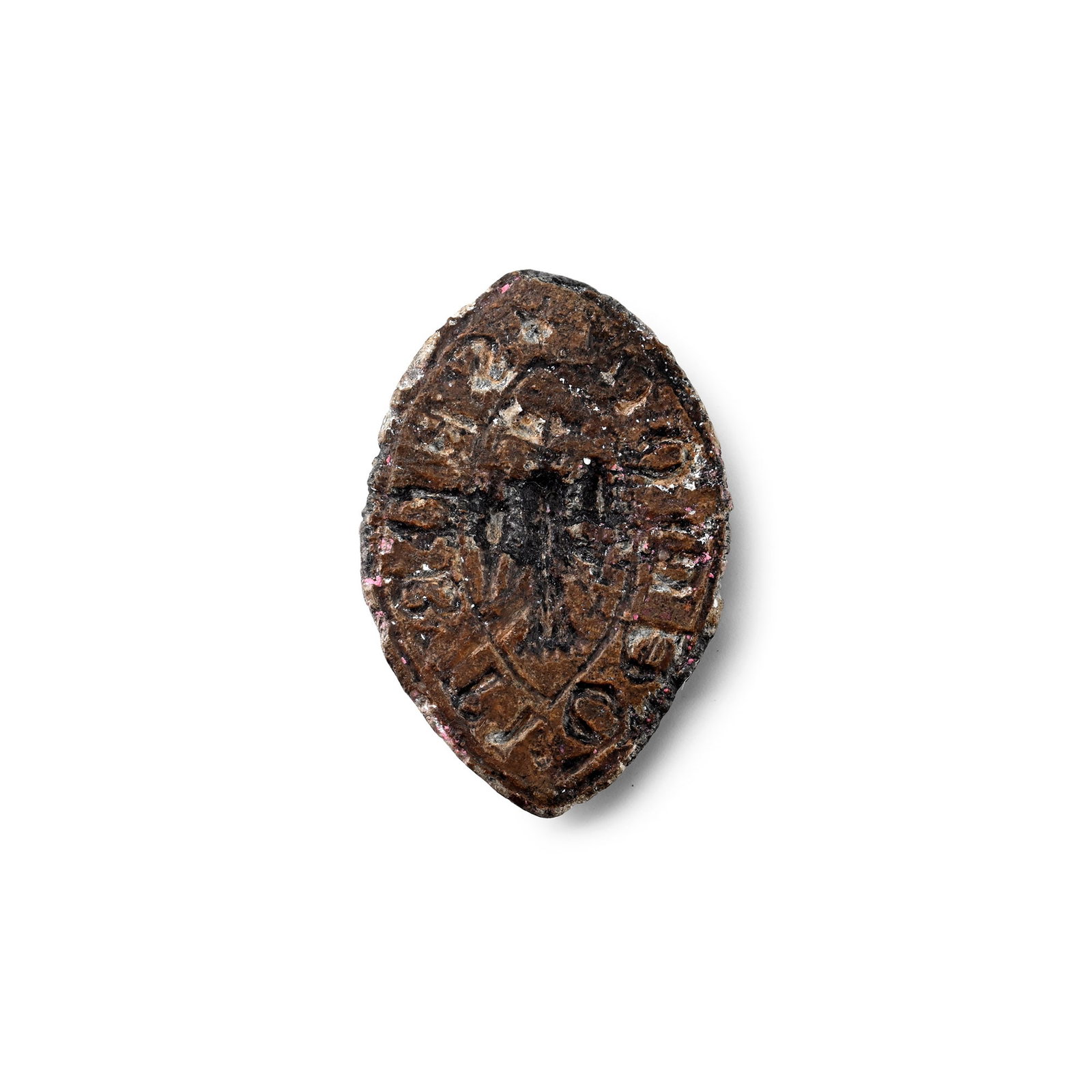 Medieval 'Thames' Lead Vesica-Shaped Seal Matrix for Robert: Circa 13th century A.D. Scaphoid in plan with chamfered rim to rear and lug (unpierced); central eagle motif and legend to the border '* S ROBTI . DE MOR' (seal of Robert of Mor[.]). 9.82 grams, 30.5 