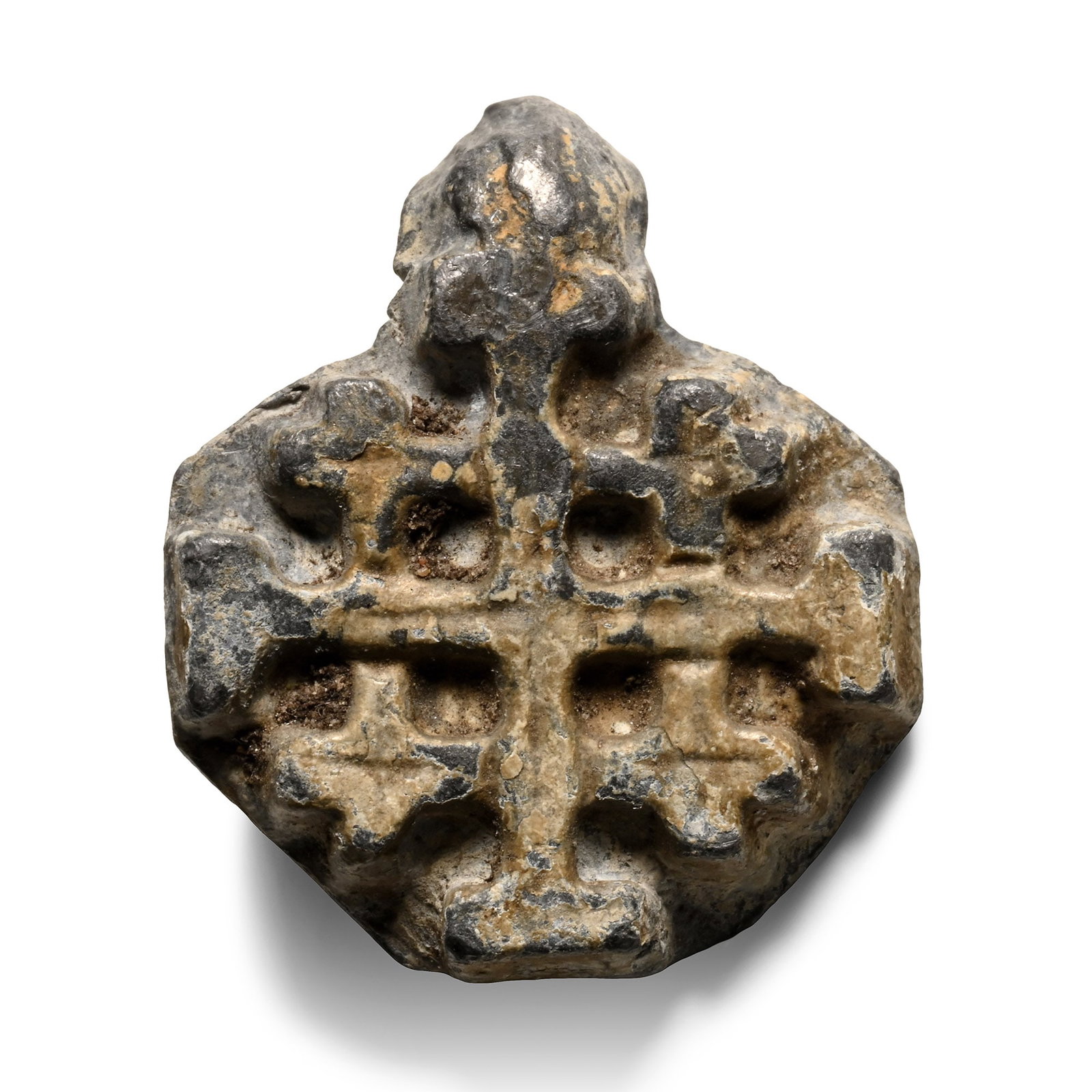 Medieval Bronze Jerusalem Cross Pilgrim's Pendant: 14th-15th century A.D. Hexagonal pendant with raised Jerusalem cross, loop at the top. 20.9 grams, 30 mm (1 1/4 in.). [No Reserve] From a retired Lincolnshire, UK, gentleman's collection, a long time 