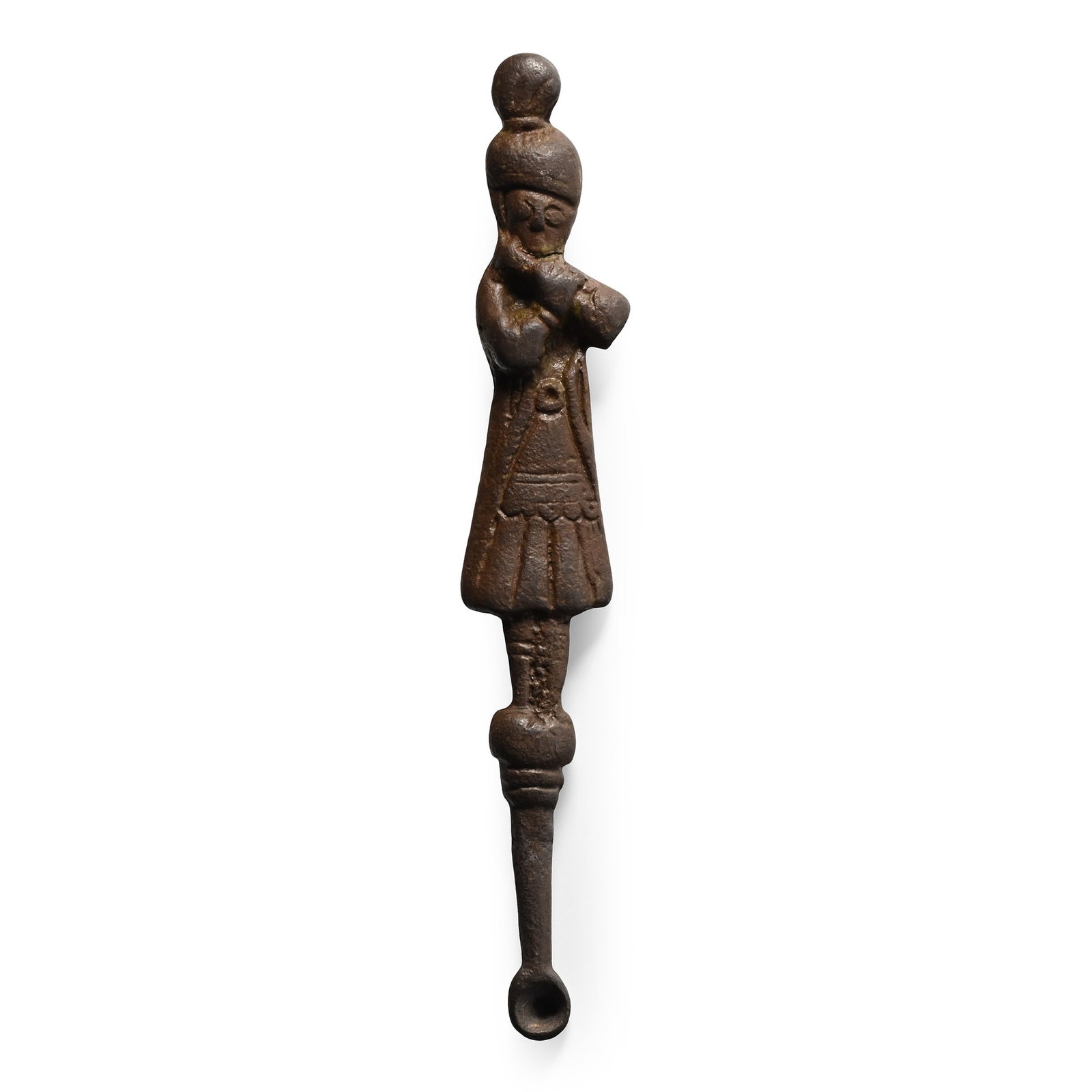 Medieval Bronze Ear Scoop Toilet Pendant with Musician: Circa 14th-15th century A.D. comprising a small bowl and a tapering handle, the finial formed as a standing pipe player dressed in a knee-length dress, with a loop behind the head. 11.28 grams, 73.36 