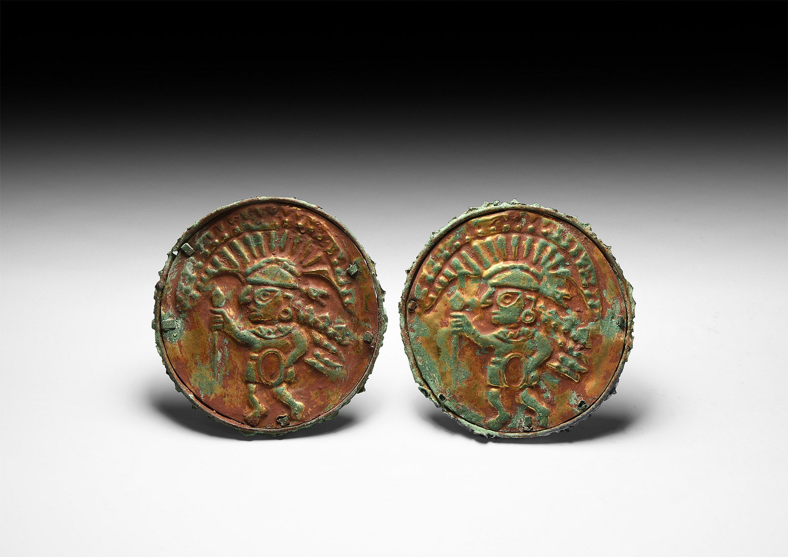 Moche-Sican Style Gilded Ear Spools with Warriors (1 of 1)