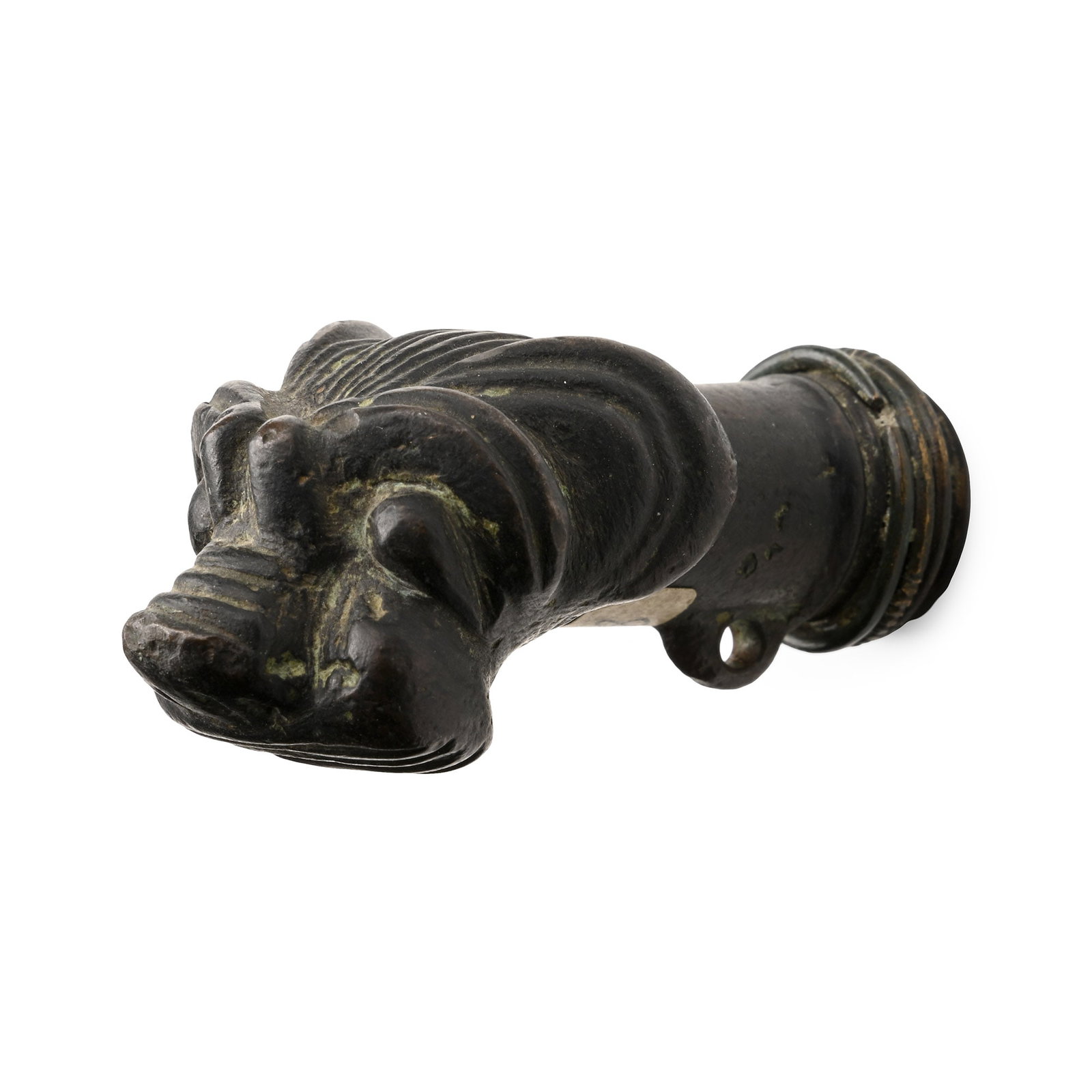 Western Asiatic Bronze Lion Terminal: 20th century A.D. Stylised lion-head terminal with ribbed collar to the socket and loop beneath the chin. 227 grams, 71 mm (2 3/4 in.). [No Reserve] Acquired on the UK art market. TimeLine Auctions fo
