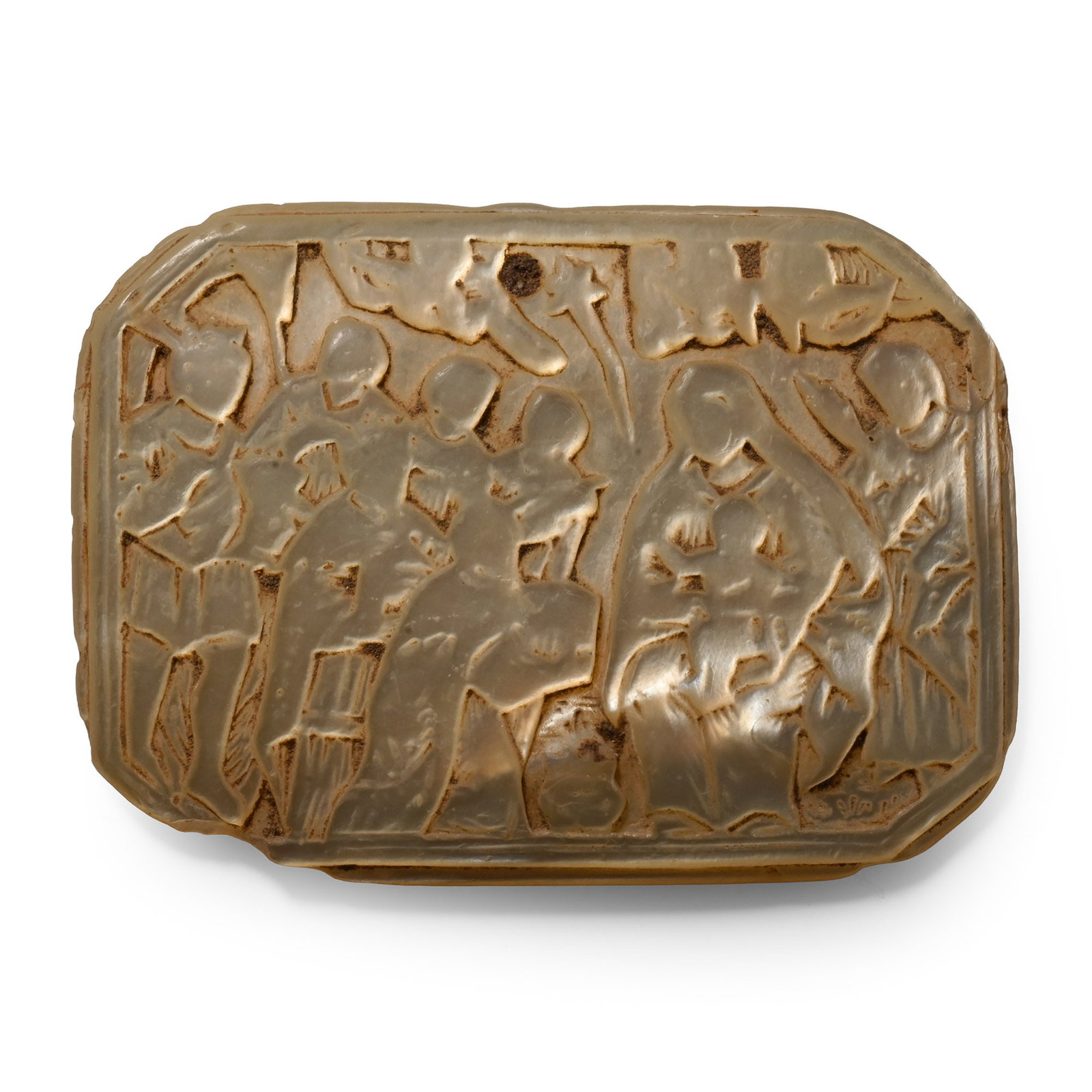 Post Byzantine Adoration of the Magi Shell Plaque: 17th-18th century A.D. Octagonal in plan with carved scene of the Adoration of the Magi with star above; stepped border, pierced for attachment. Cf. for similar plaques the ones adorning the covers of