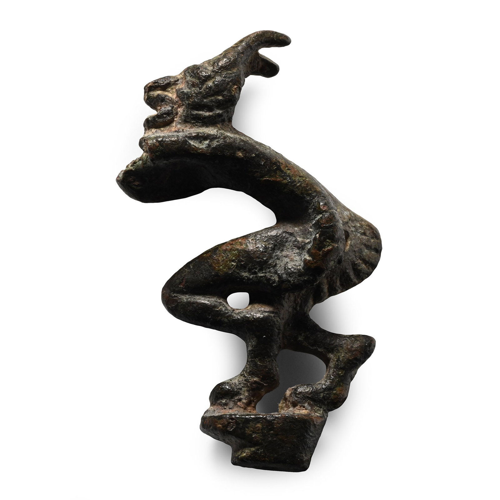 Post Medieval Bronze Satyr Mount: Circa 19th century A.D. Modelled in the round in a dynamic pose as a crouching figure with goat legs and horns, grotesque head and extended arms, standing on an oval base with a socket below. 69 grams